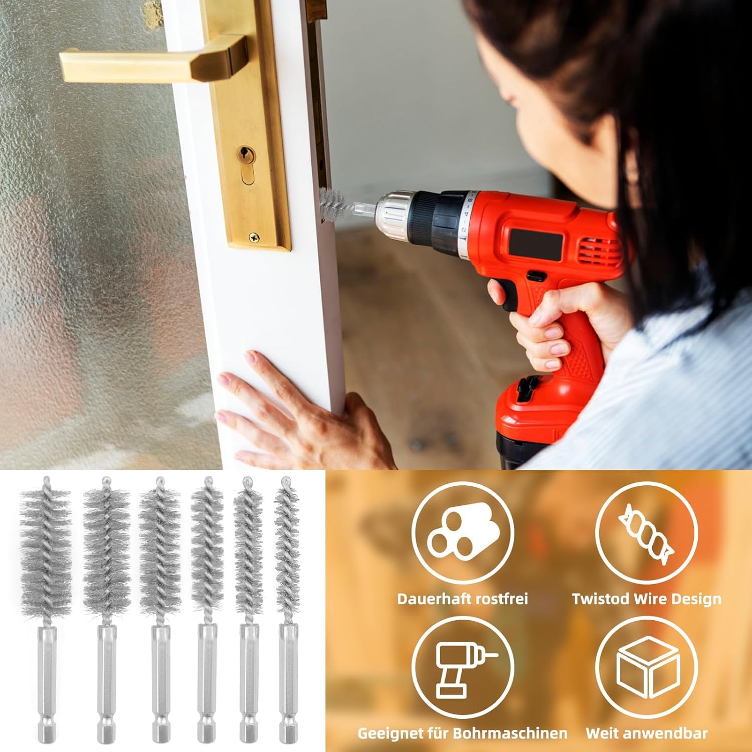 10 Pieces of Wire Brush Drilling Cleaning Brush Set, Stainless Steel Hole Cleaning Brush, 1/4 Inch Hexagonal Handle Tube Cleaning Drill Bit Wire Brush