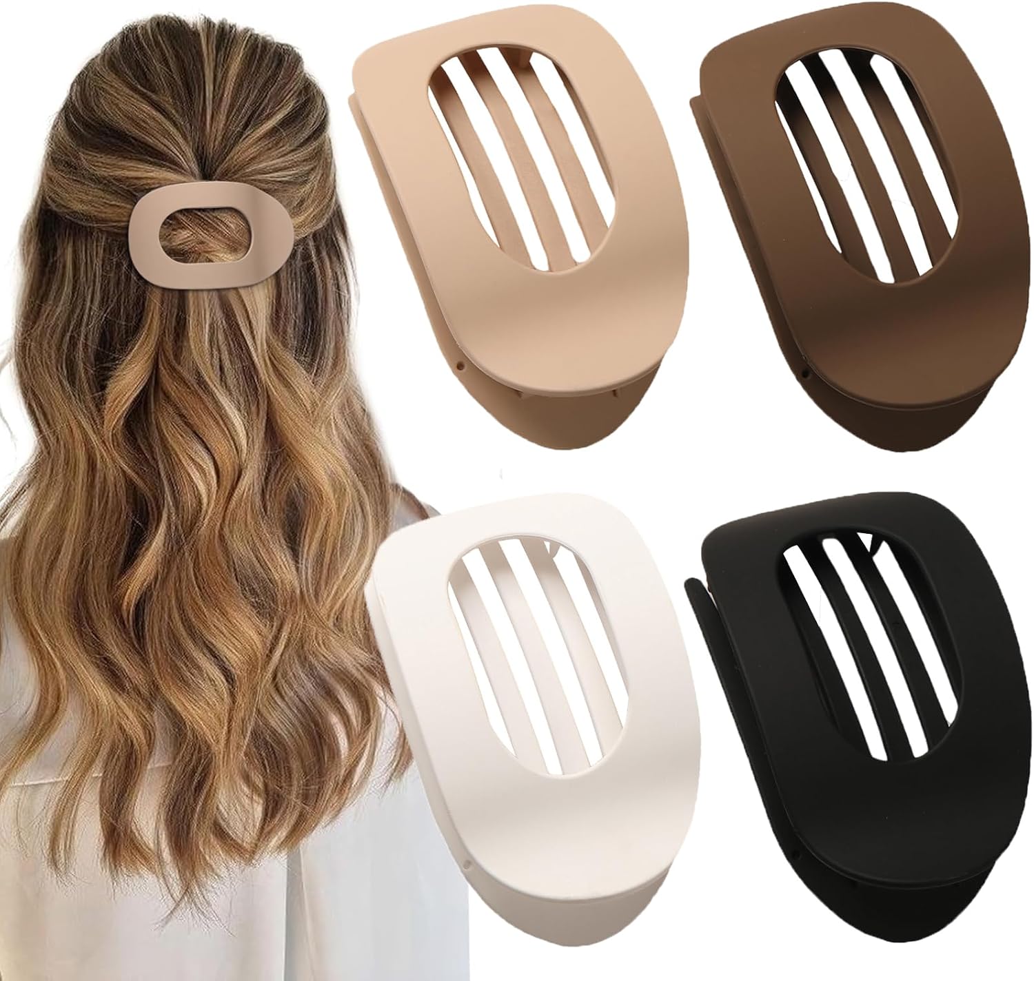 4 PCS Flat Hair Clips, Round Lay Down Claw Clips for Women Girls, French Strong Hold Hair Barrettes for Thick Thin Hair, Comfortable Curved Design - For Lying, Driving and More Neutral Matte