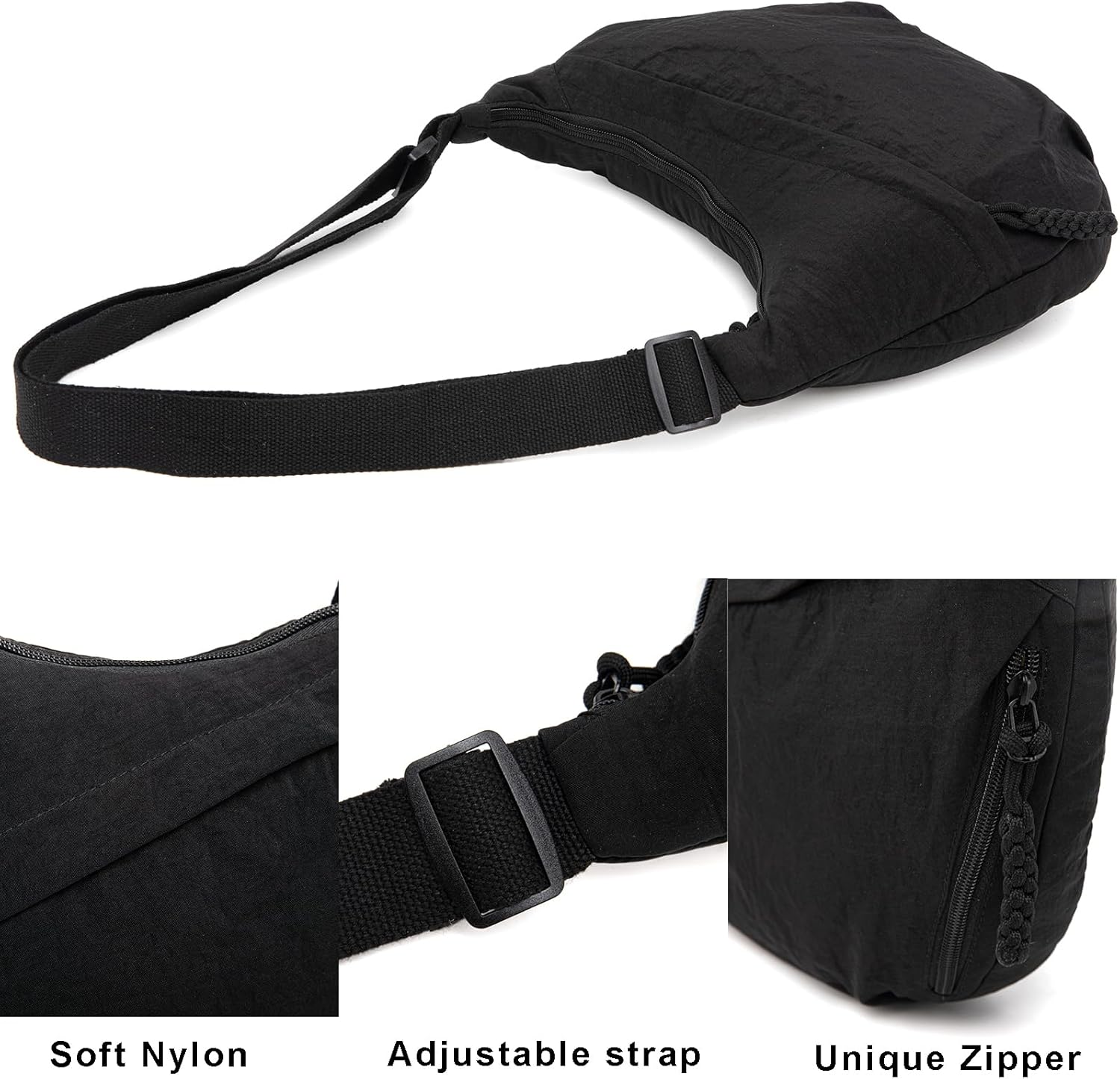 Crescent Bag for Women Men Nylon Crossbody Bags Multi-Pocket Sling Bag Roomy Hobo Bags Moon Bag Slouchy Dumpling Bag