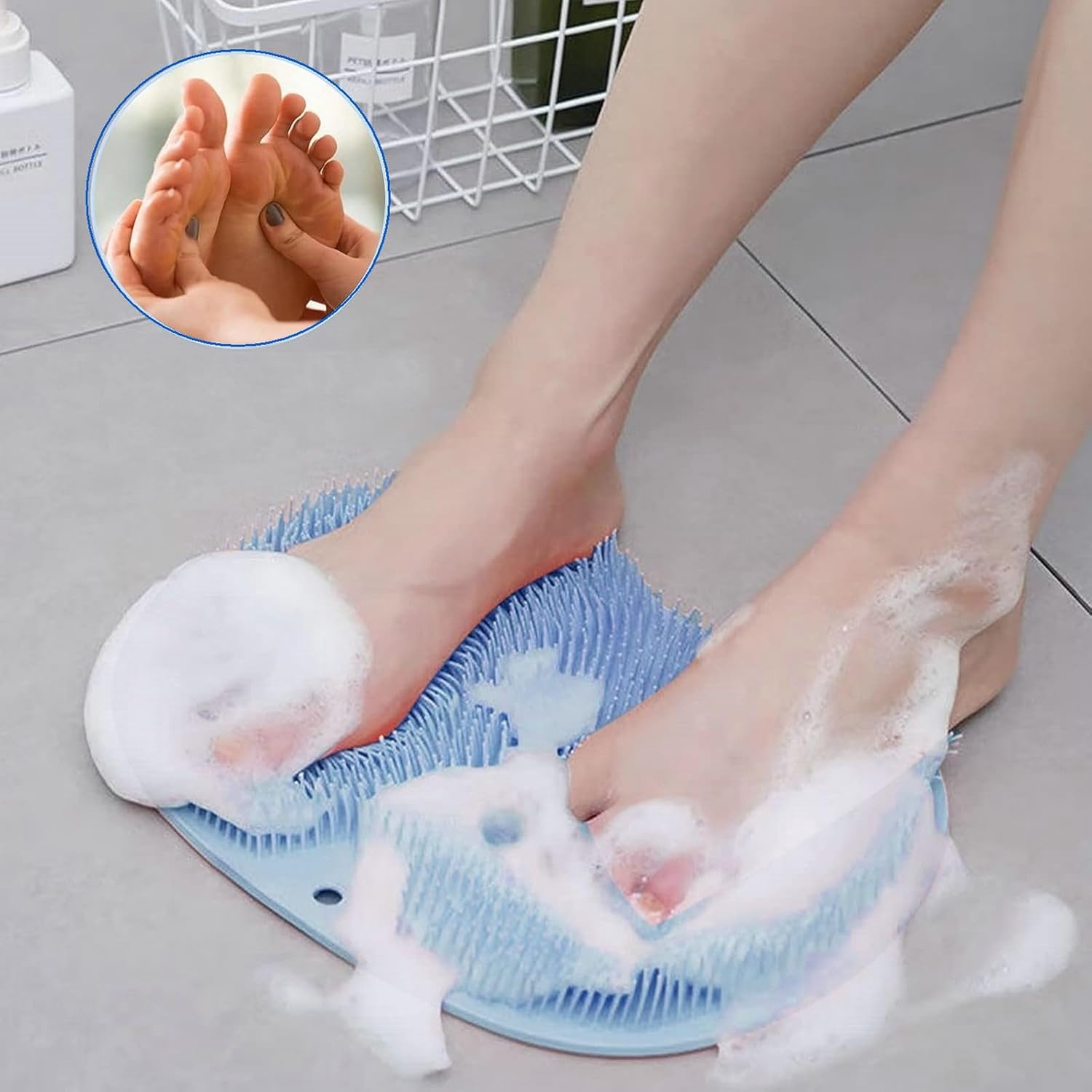 2 Pcs Large Shower Foot Scrubber Mat Cleans, Exfoliation, Shower Foot Massager Scrubber, Foot Cleaner Massage Mat with Non Slip Suction Cups, Improve Circulation Relieve Tired and Pain BLUE