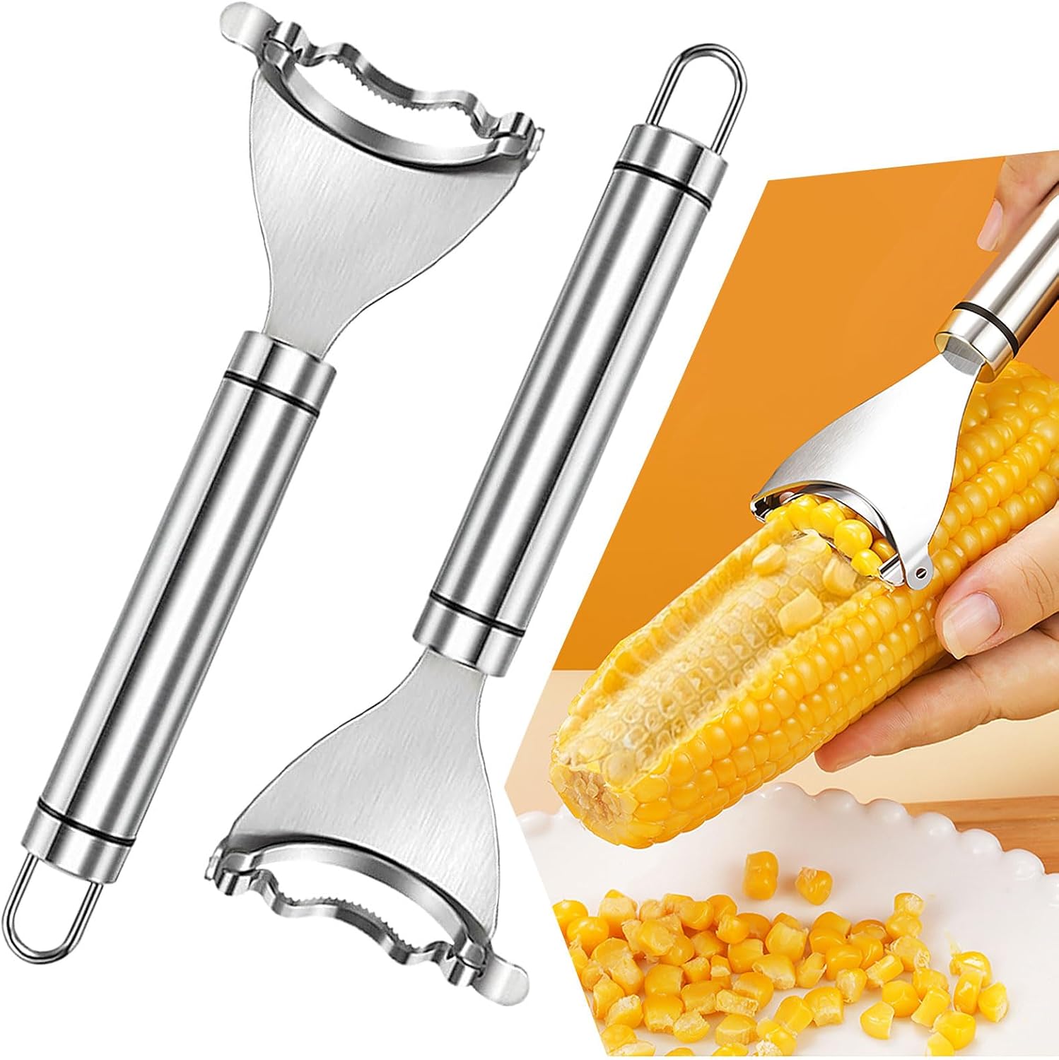 Corn Peeler, 2 Pcs Stainless Steel Corn Peeler for Corn On The Cob Efficient Corn Cob Stripper Corn Kernel Remover Tool with Ergonomic Handle Ideal Corn Planer Thresher for Kitchen 2PCS Silver