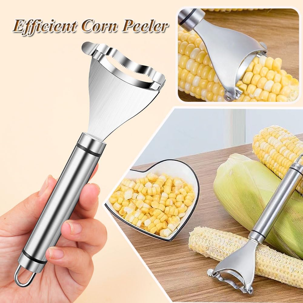 Corn Peeler, 2 Pcs Stainless Steel Corn Peeler for Corn On The Cob Efficient Corn Cob Stripper Corn Kernel Remover Tool with Ergonomic Handle Ideal Corn Planer Thresher for Kitchen 2PCS Silver