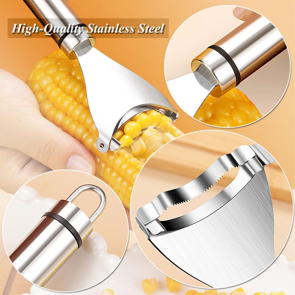 Corn Peeler, 2 Pcs Stainless Steel Corn Peeler for Corn On The Cob Efficient Corn Cob Stripper Corn Kernel Remover Tool with Ergonomic Handle Ideal Corn Planer Thresher for Kitchen 2PCS Silver