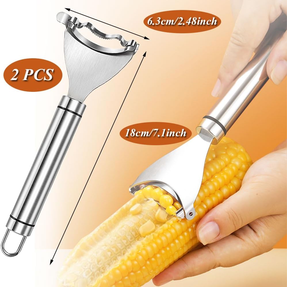 Corn Peeler, 2 Pcs Stainless Steel Corn Peeler for Corn On The Cob Efficient Corn Cob Stripper Corn Kernel Remover Tool with Ergonomic Handle Ideal Corn Planer Thresher for Kitchen 2PCS Silver