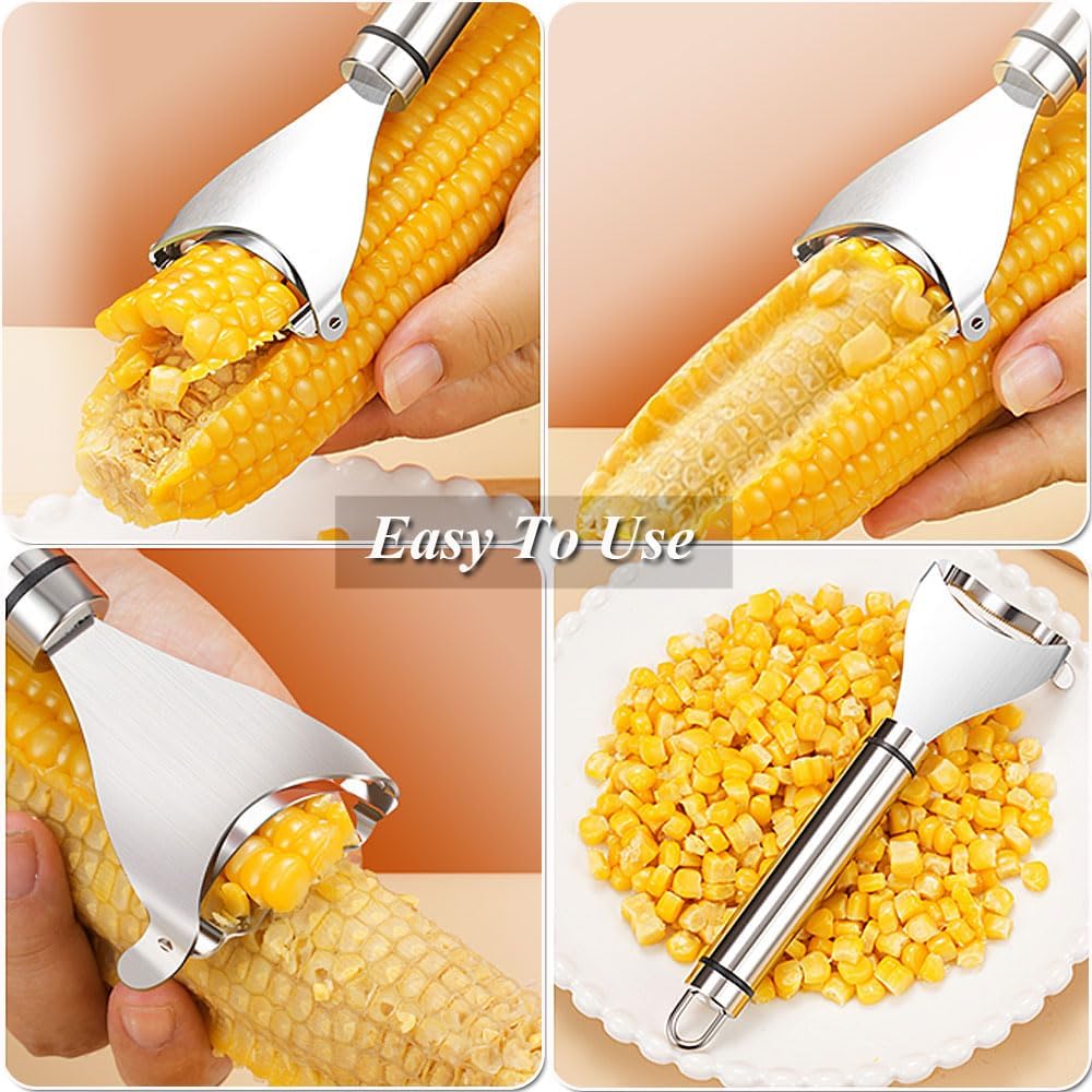 Corn Peeler, 2 Pcs Stainless Steel Corn Peeler for Corn On The Cob Efficient Corn Cob Stripper Corn Kernel Remover Tool with Ergonomic Handle Ideal Corn Planer Thresher for Kitchen 2PCS Silver
