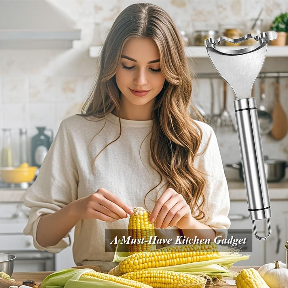 Corn Peeler, 2 Pcs Stainless Steel Corn Peeler for Corn On The Cob Efficient Corn Cob Stripper Corn Kernel Remover Tool with Ergonomic Handle Ideal Corn Planer Thresher for Kitchen 2PCS Silver