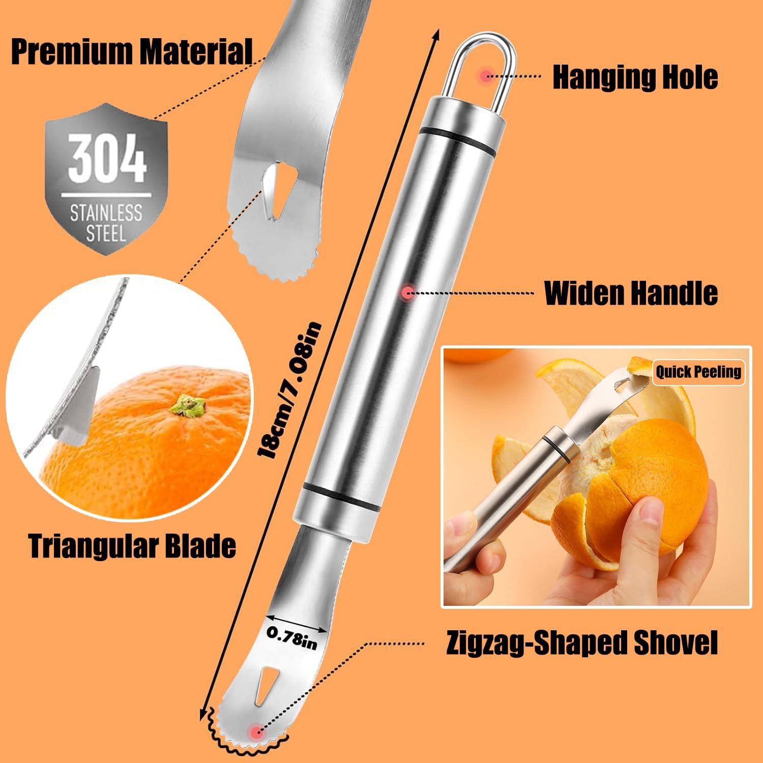 Stainless Steel Orange Peeler Easy and Quick Peeling Long Handle Orange Citrus Peeler Tool Triangle Shovel and Serrated Shovel Orange Peeler Creative Kitchen Gadgets