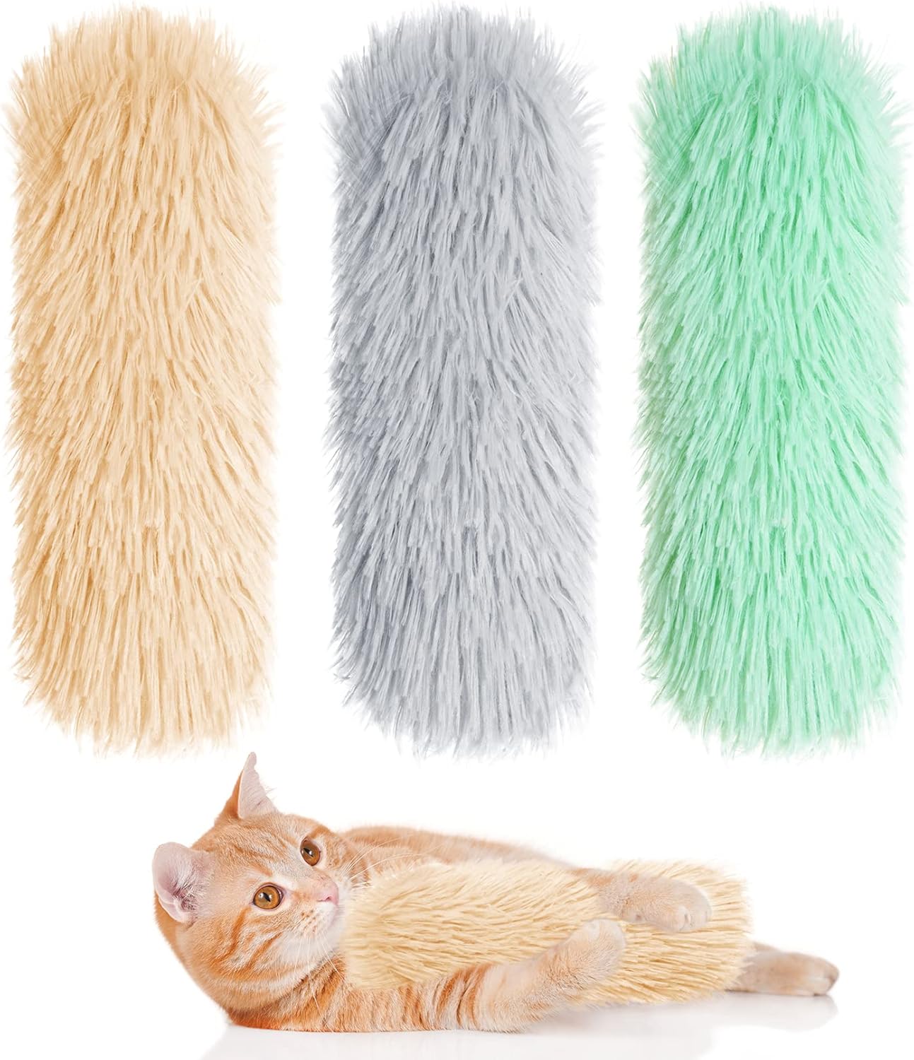 3pcs Cat Toys Cat Pillows, Catnip Toys Interactive Cat Kicker Toy Soft and Durable Plush Fabric Kick Sticks Chasing Chewing Filled Chew for Puppy Kitty Exercise Gray, Beige, Grass Green