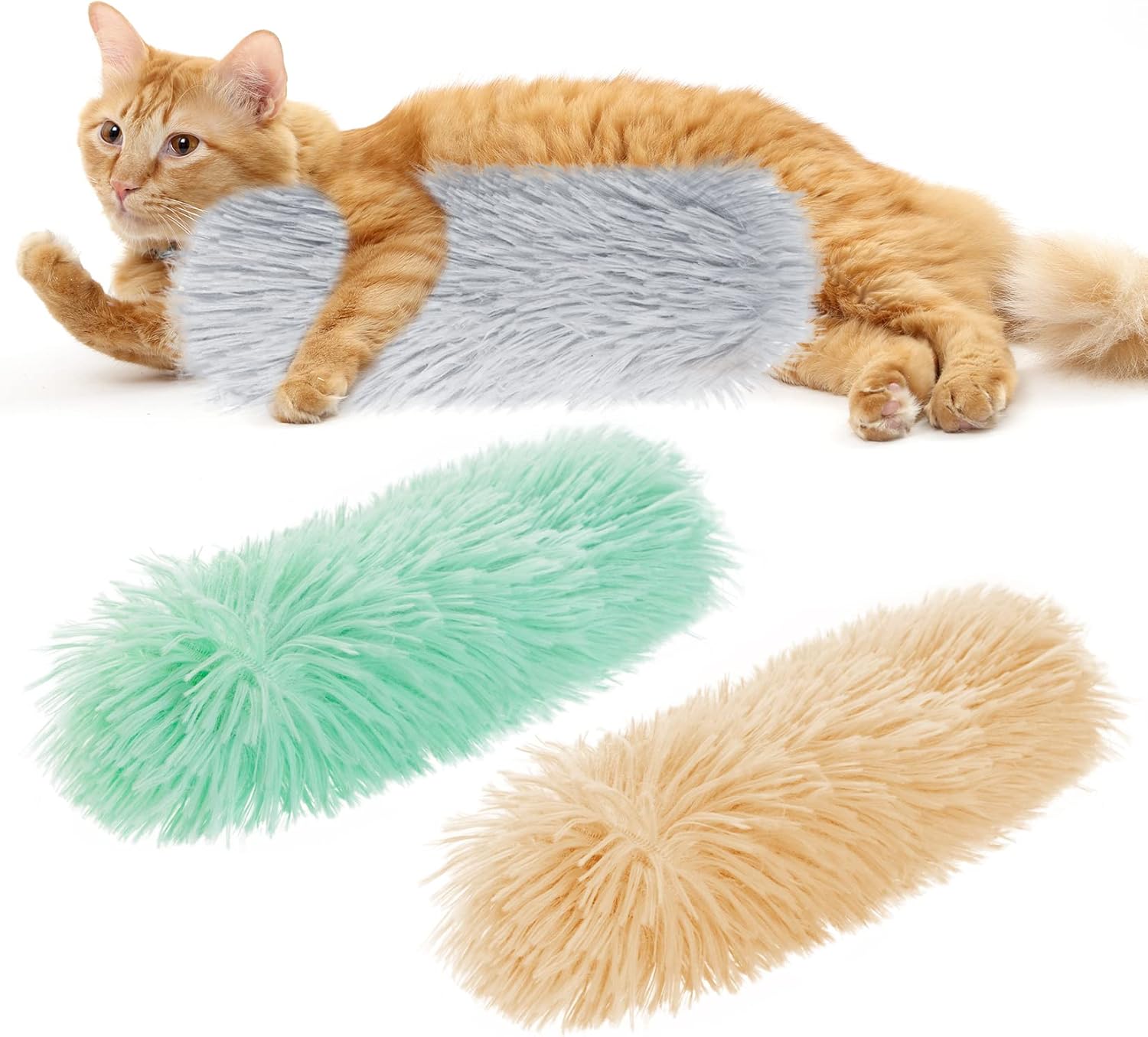 3pcs Cat Toys Cat Pillows, Catnip Toys Interactive Cat Kicker Toy Soft and Durable Plush Fabric Kick Sticks Chasing Chewing Filled Chew for Puppy Kitty Exercise Gray, Beige, Grass Green