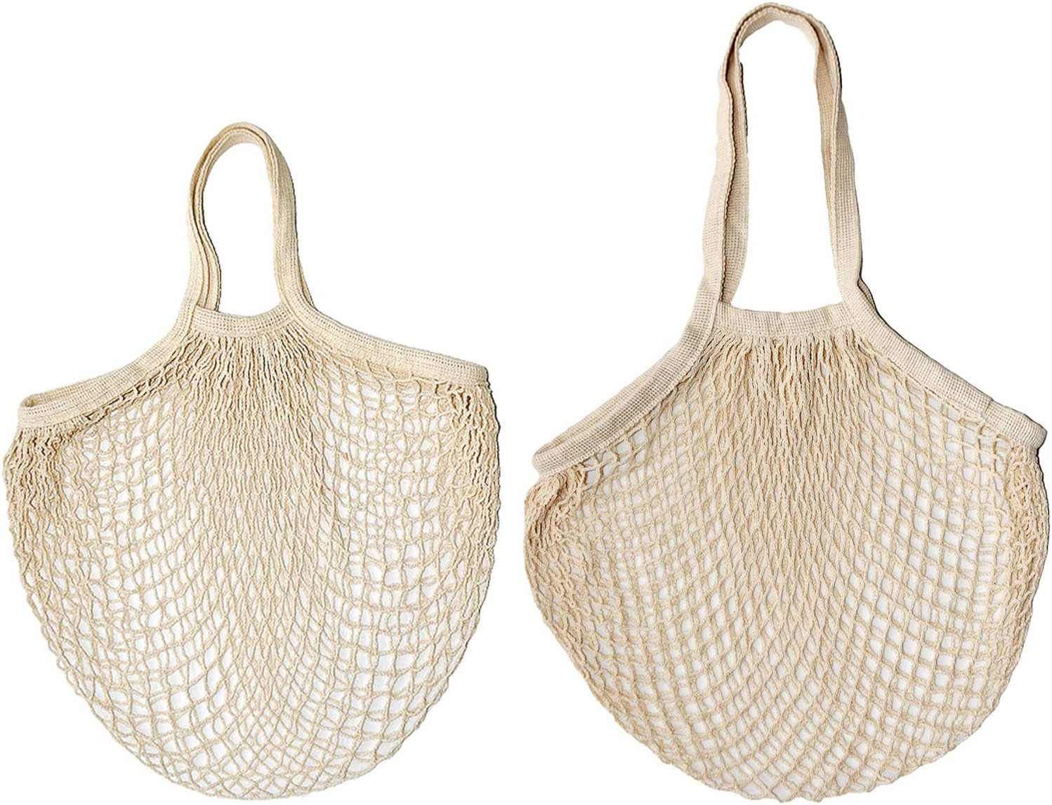 100% Cotton Reusable Mesh Shopping Bags Long + Short for Groceries, Vegetables, Fruits, and Beach Essentials in Natural Beige