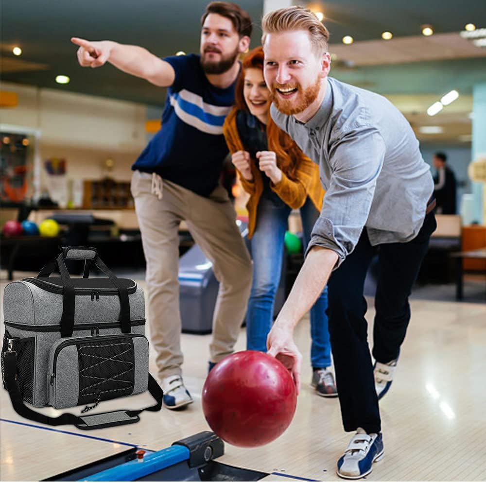 Bowling Bag for 2 Balls Portable Bowling Tote Bag with Padded Ball Holder for Double Ball and Pair of Bowling Shoes up to Mens 16