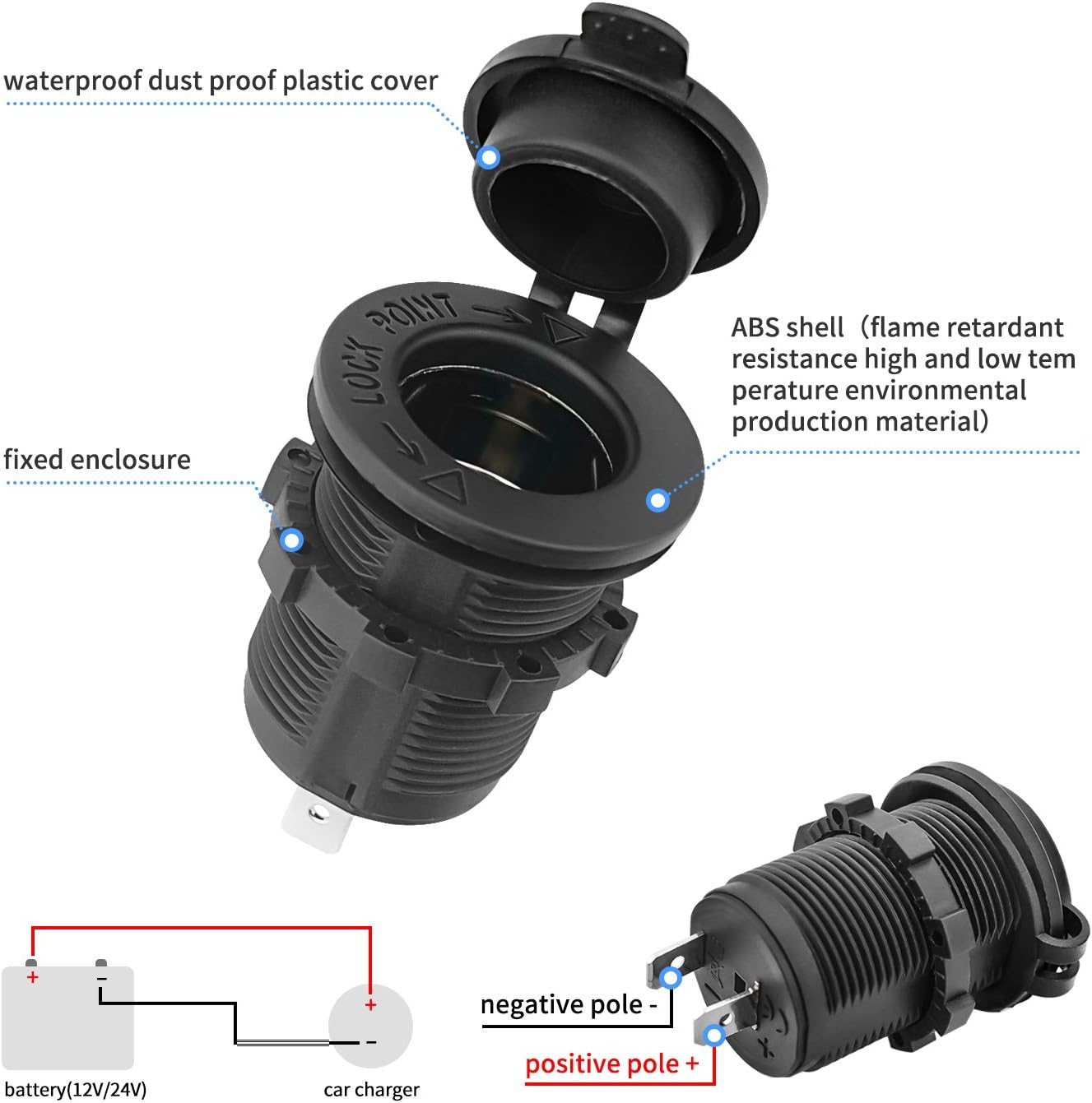 12V Car Cigarette Lighter Socket Waterproof and Dustproof plug socket for Car Truck Motobike Boats Marine ATV, with Fuse & 60cm Cable Black-2PCS