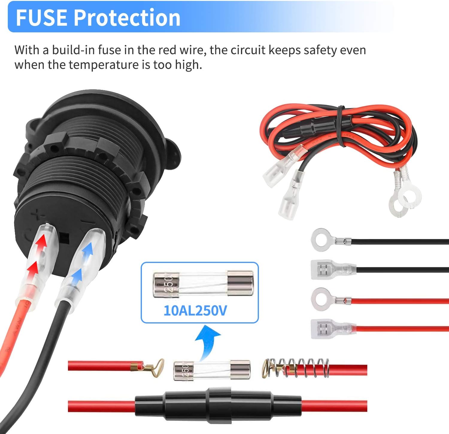 12V Car Cigarette Lighter Socket Waterproof and Dustproof plug socket for Car Truck Motobike Boats Marine ATV, with Fuse & 60cm Cable Black-2PCS