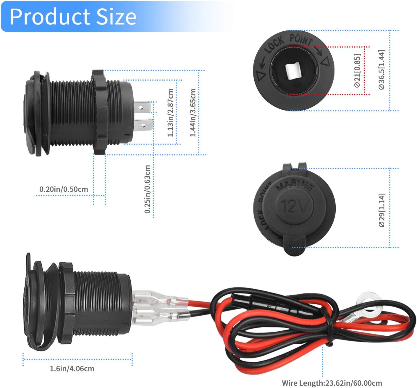 12V Car Cigarette Lighter Socket Waterproof and Dustproof plug socket for Car Truck Motobike Boats Marine ATV, with Fuse & 60cm Cable Black-2PCS