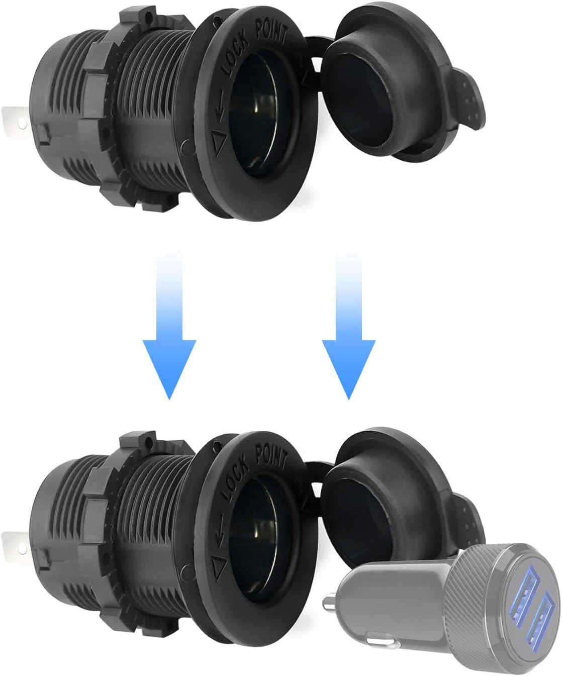 12V Car Cigarette Lighter Socket Waterproof and Dustproof plug socket for Car Truck Motobike Boats Marine ATV, with Fuse & 60cm Cable Black-2PCS
