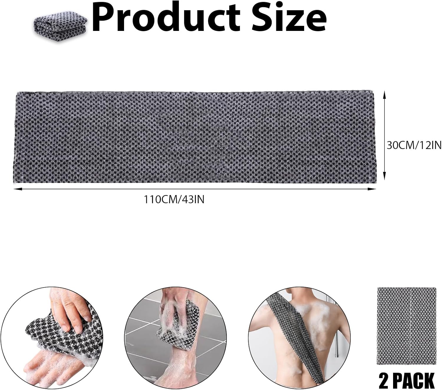 Extra Long Exfoliating Cloth, Deep Cleaning Exfoliating Towel, Reusable Exfoliating Body Scrubber 2 Pcs Black