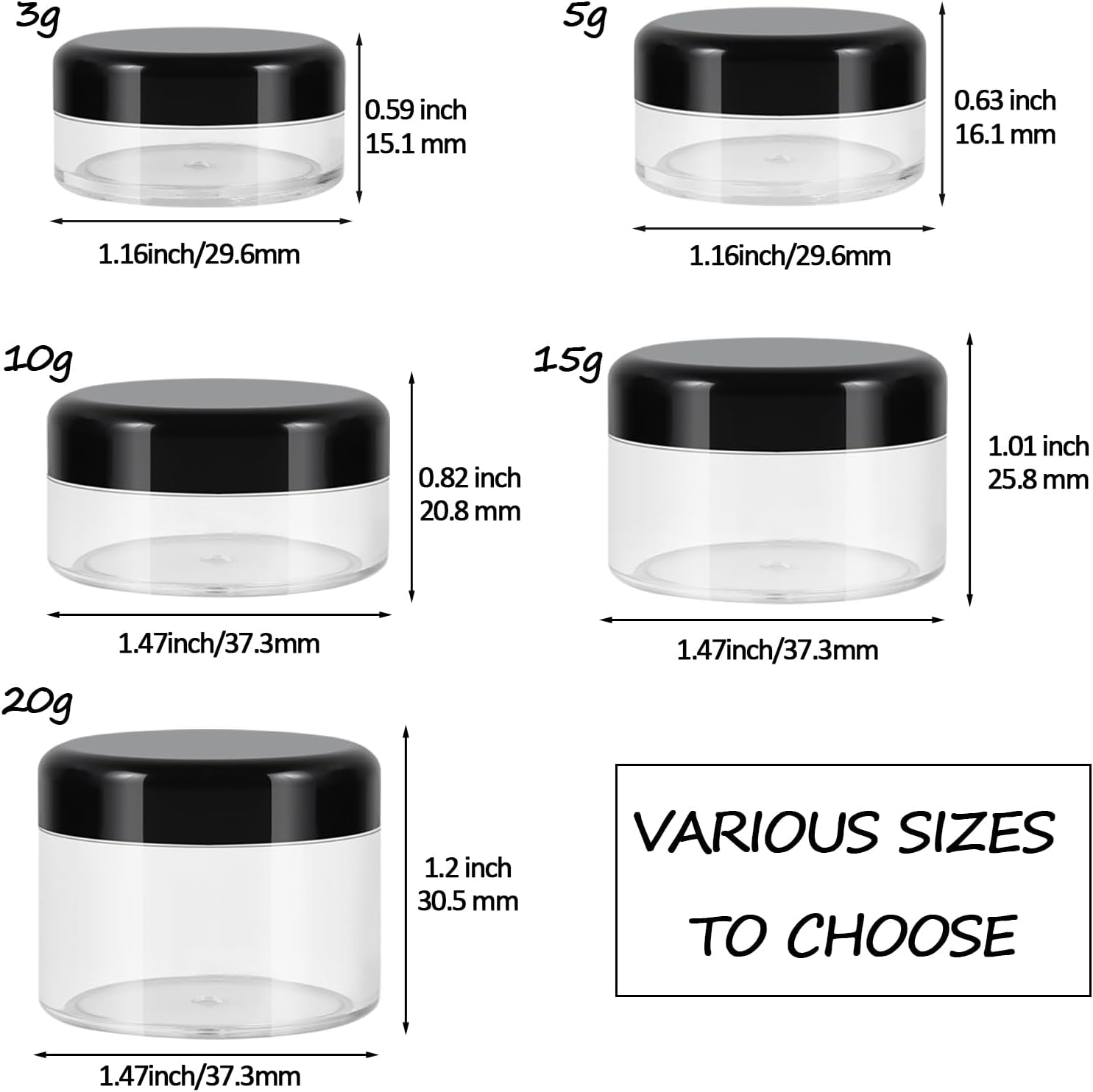 10 Pieces Small Travel Containers, 3/5/10/15/20 Gram Size for Creams, Sample With Screw Lids, 12Pcs Labels/2Pcs Mini Spatulas, Plastic Makeup Black