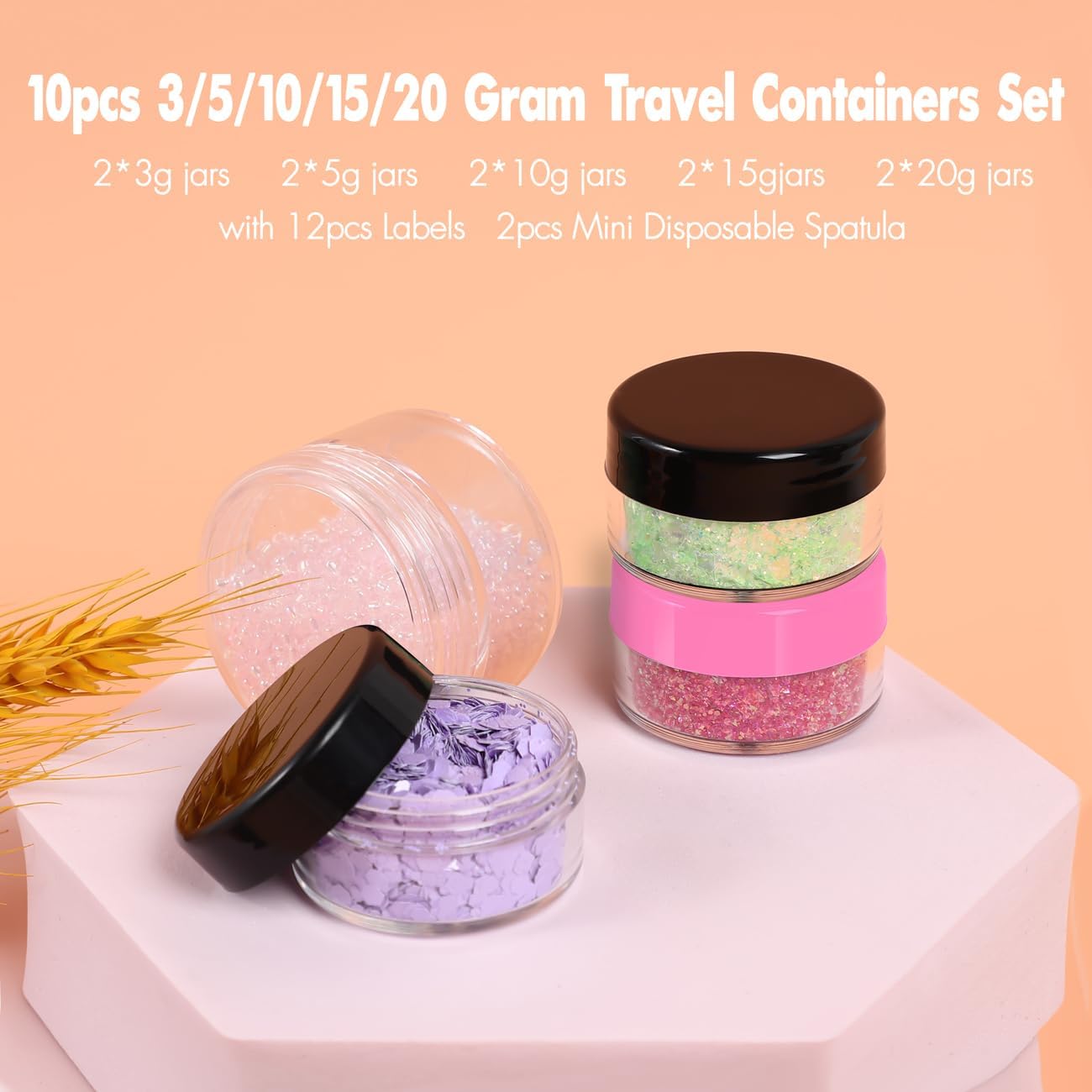10 Pieces Small Travel Containers, 3/5/10/15/20 Gram Size for Creams, Sample With Screw Lids, 12Pcs Labels/2Pcs Mini Spatulas, Plastic Makeup Black