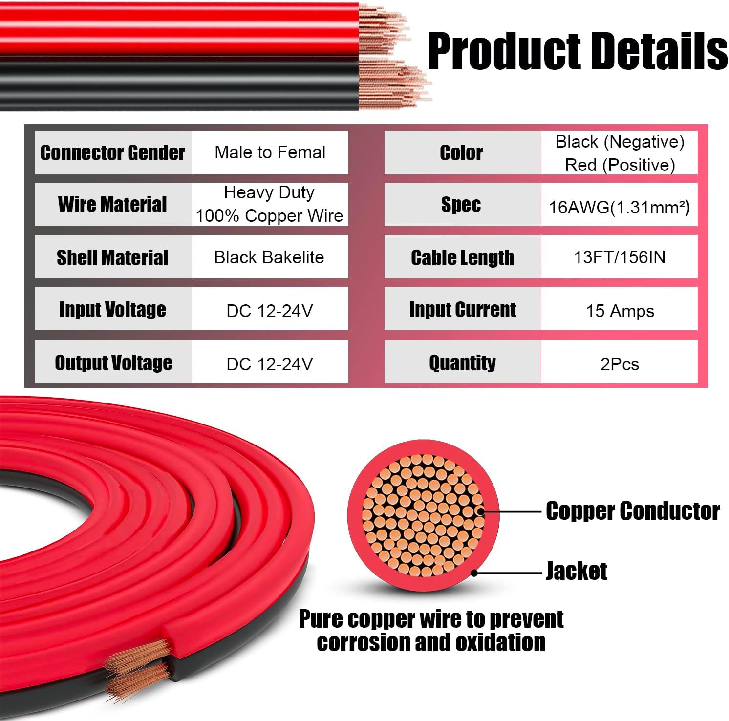 12V/24V 16AWG Heavy Duty Cigarette Lighter Extension Cable 13FT, 156W/15A Male Plug to Female Socket Adapter Extension Cord with LED Lights Built-in 15A Fuse & 2 * 15A Spare Fuse