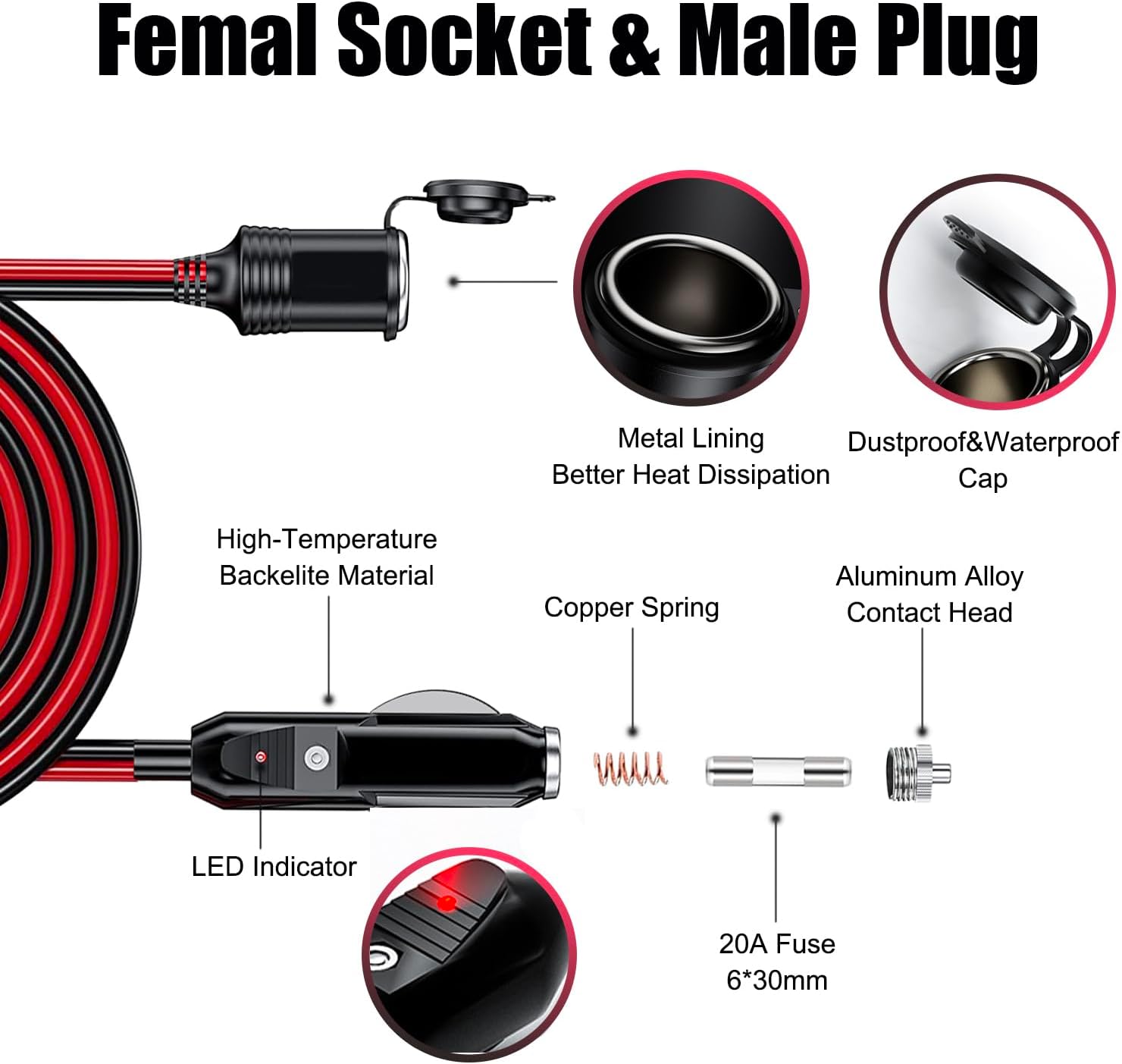 12V/24V 16AWG Heavy Duty Cigarette Lighter Extension Cable 13FT, 156W/15A Male Plug to Female Socket Adapter Extension Cord with LED Lights Built-in 15A Fuse & 2 * 15A Spare Fuse