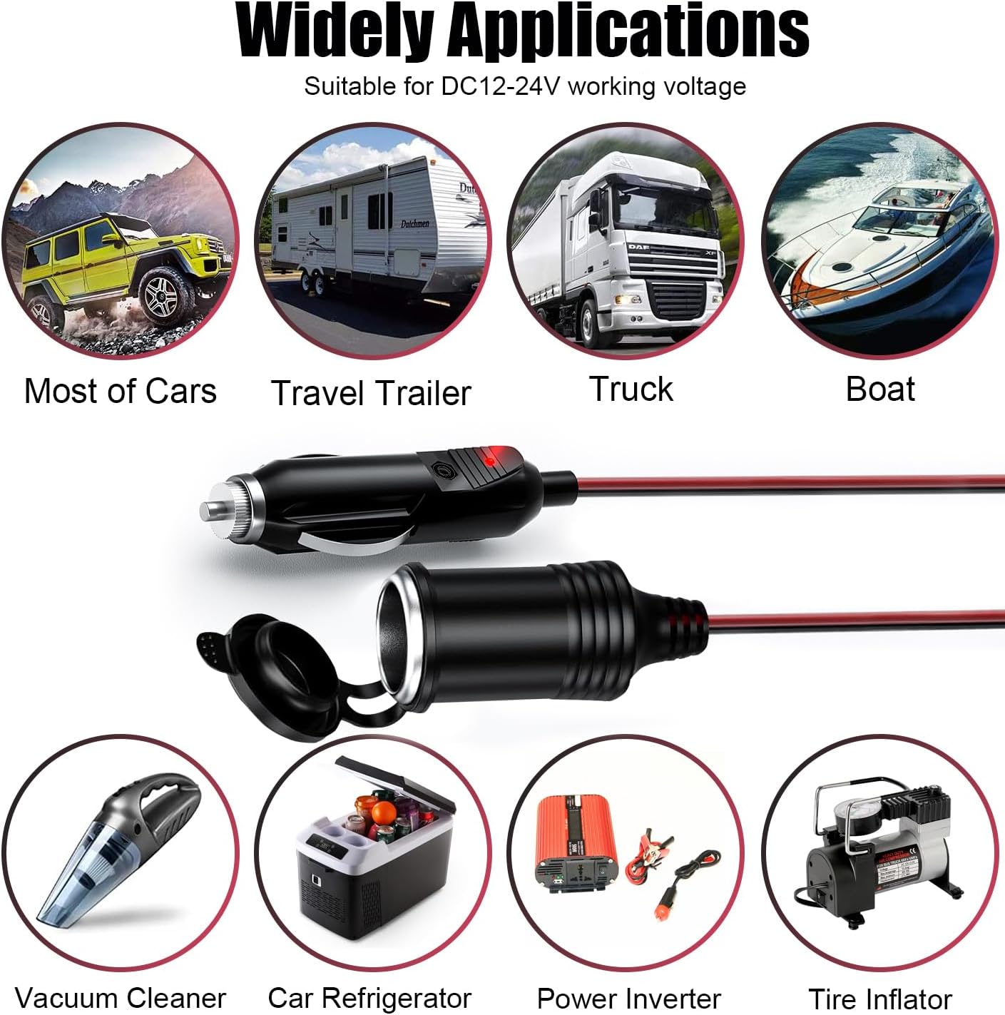 12V/24V 16AWG Heavy Duty Cigarette Lighter Extension Cable 13FT, 156W/15A Male Plug to Female Socket Adapter Extension Cord with LED Lights Built-in 15A Fuse & 2 * 15A Spare Fuse