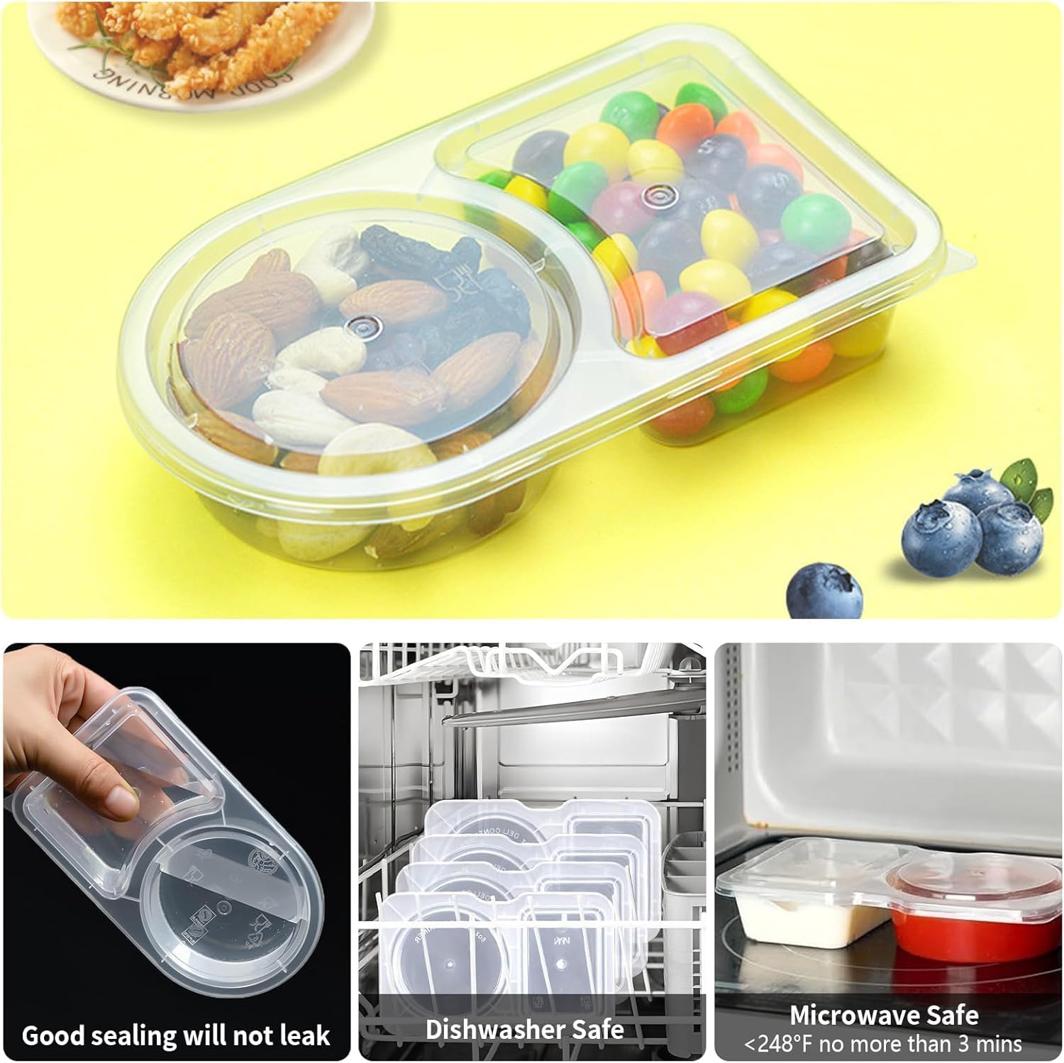 2 Compartment Snack Containers with Lids, Small Reusable Plastic Clear Snack Containers for School, Home, Fridge, Veggie Dip, Lunch, Cheese and Crackers 30