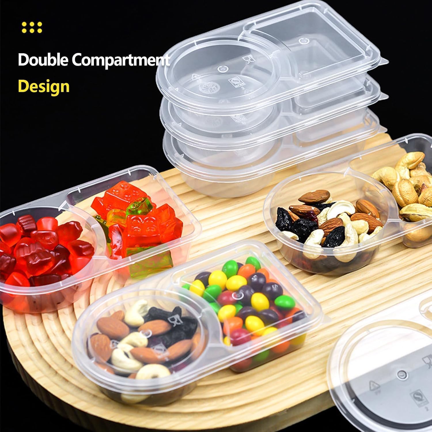 2 Compartment Snack Containers with Lids, Small Reusable Plastic Clear Snack Containers for School, Home, Fridge, Veggie Dip, Lunch, Cheese and Crackers 30