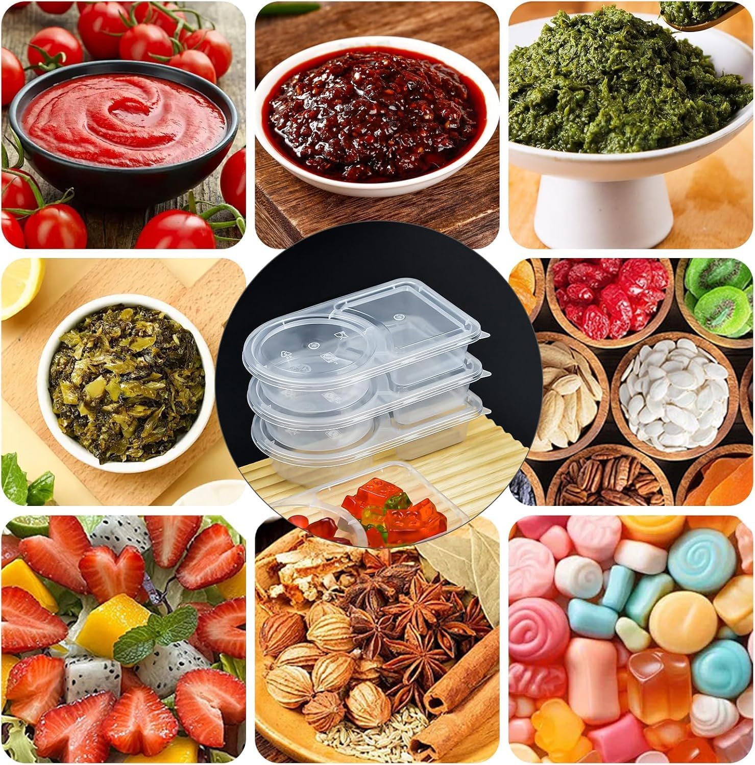 2 Compartment Snack Containers with Lids, Small Reusable Plastic Clear Snack Containers for School, Home, Fridge, Veggie Dip, Lunch, Cheese and Crackers 30