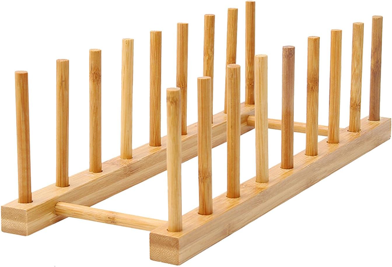 Wooden Dish Rack, 8 Slots Wooden Plate Rack, Dish Stand Holder Vertical Drainer Kitchen Cabinet Organizer for Dish, Pots, Lids, Bowls, Cups,Cutting Board and More