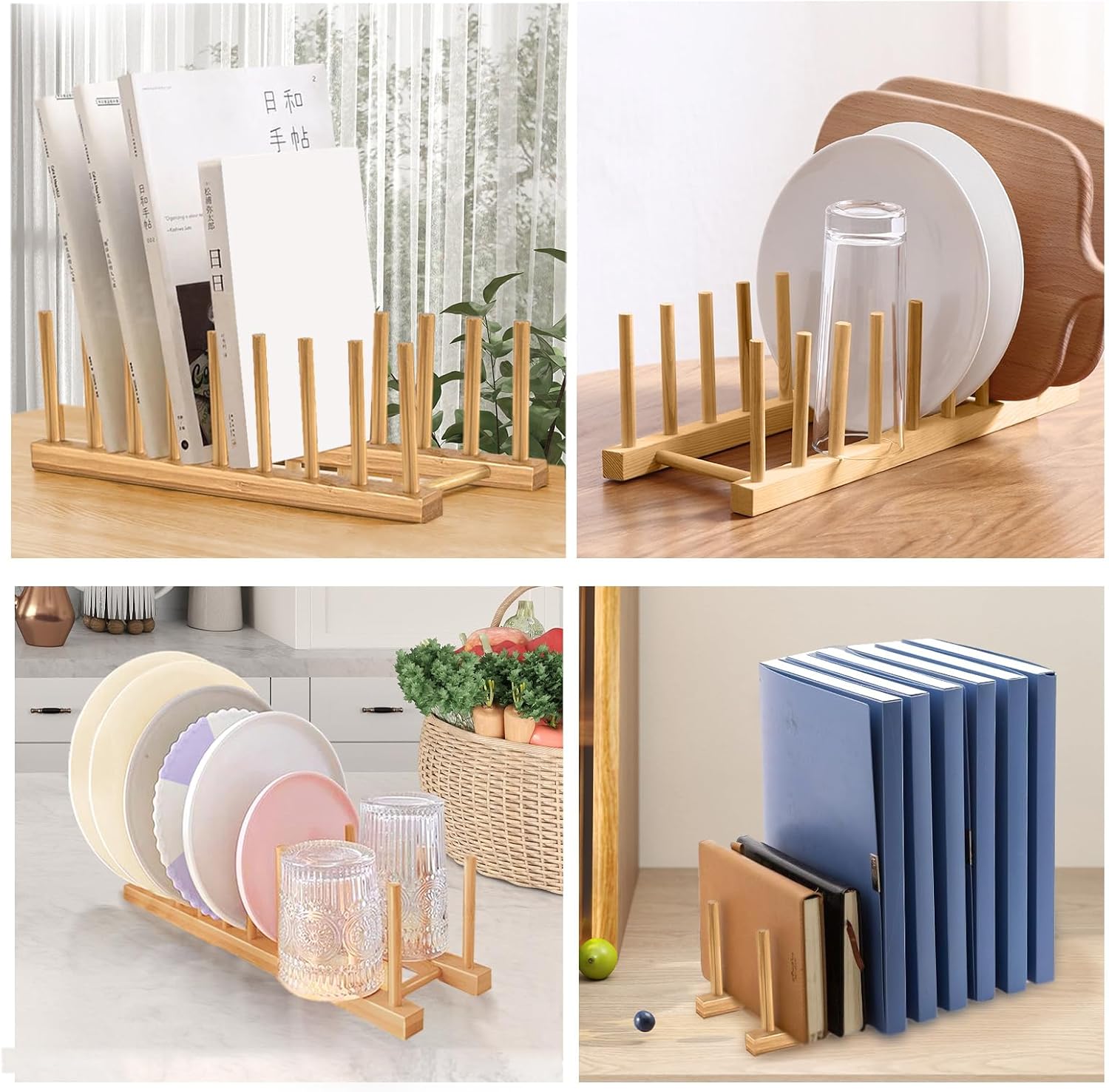 Wooden Dish Rack, 8 Slots Wooden Plate Rack, Dish Stand Holder Vertical Drainer Kitchen Cabinet Organizer for Dish, Pots, Lids, Bowls, Cups,Cutting Board and More