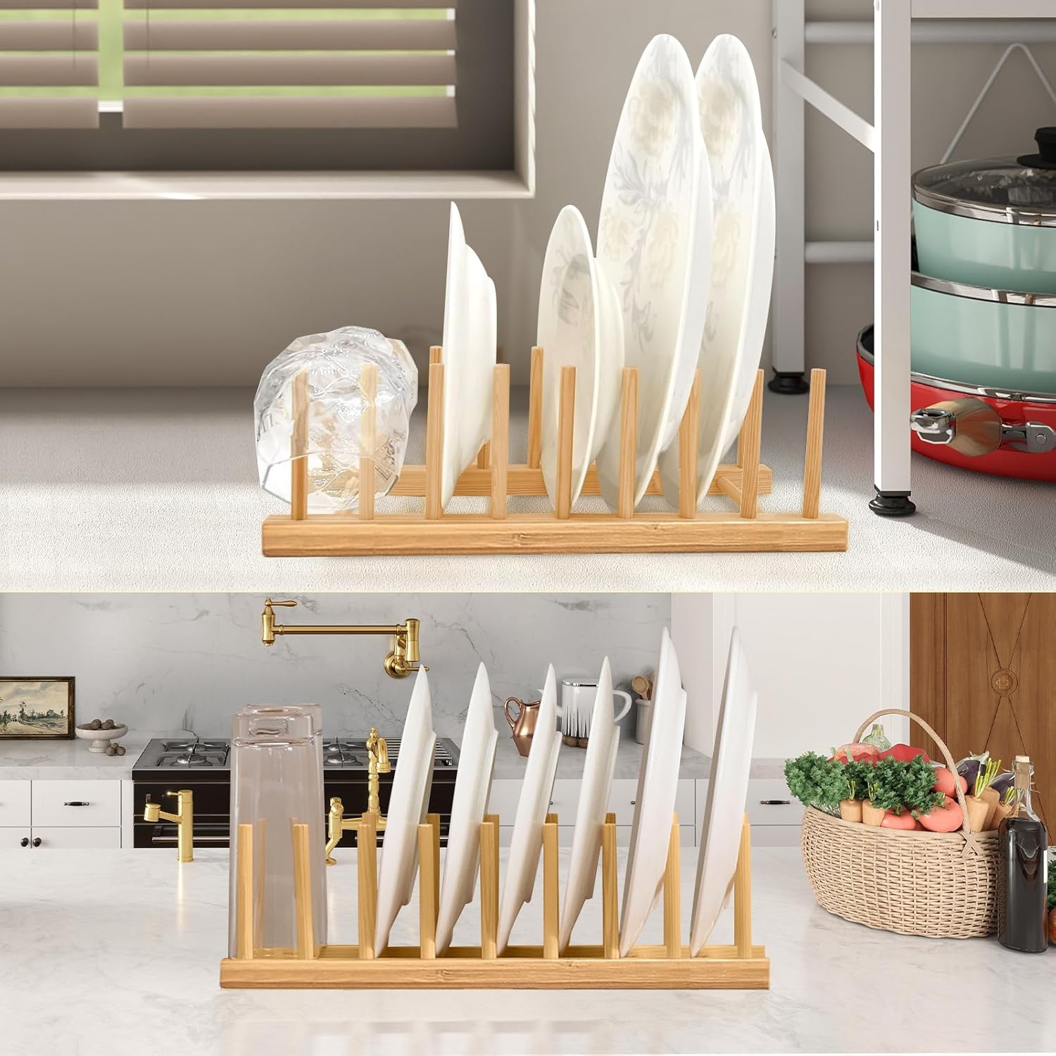 Wooden Dish Rack, 8 Slots Wooden Plate Rack, Dish Stand Holder Vertical Drainer Kitchen Cabinet Organizer for Dish, Pots, Lids, Bowls, Cups,Cutting Board and More