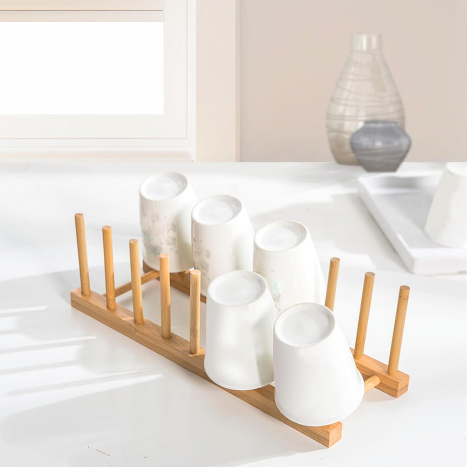 Wooden Dish Rack, 8 Slots Wooden Plate Rack, Dish Stand Holder Vertical Drainer Kitchen Cabinet Organizer for Dish, Pots, Lids, Bowls, Cups,Cutting Board and More