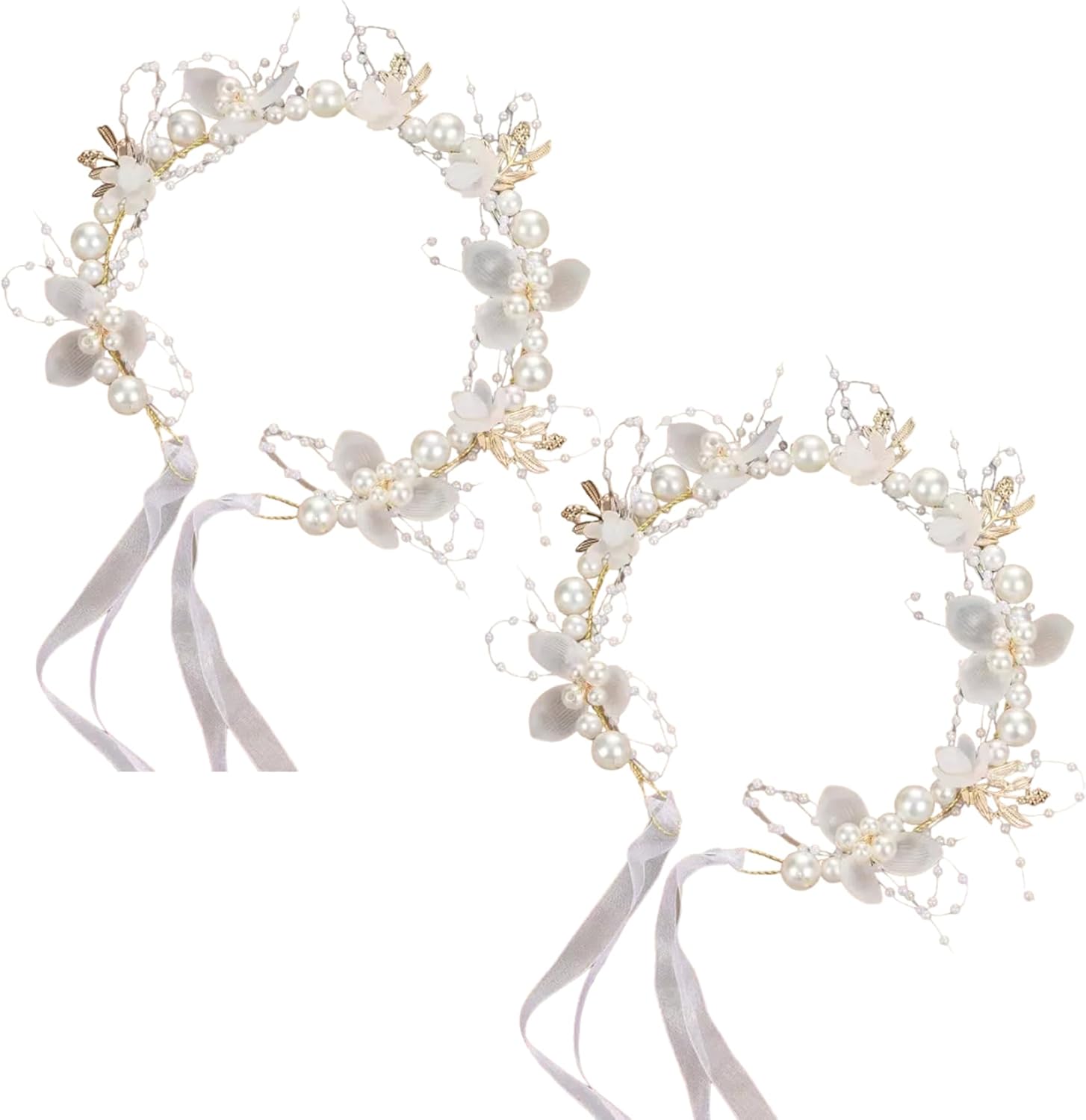 2PCS Flower Girl Headpiece, 15.8 Inch Metal Pearl Headband with Ribbon, Flower Girl Hair Accessory for Birthday, Party, First Communion, Wedding