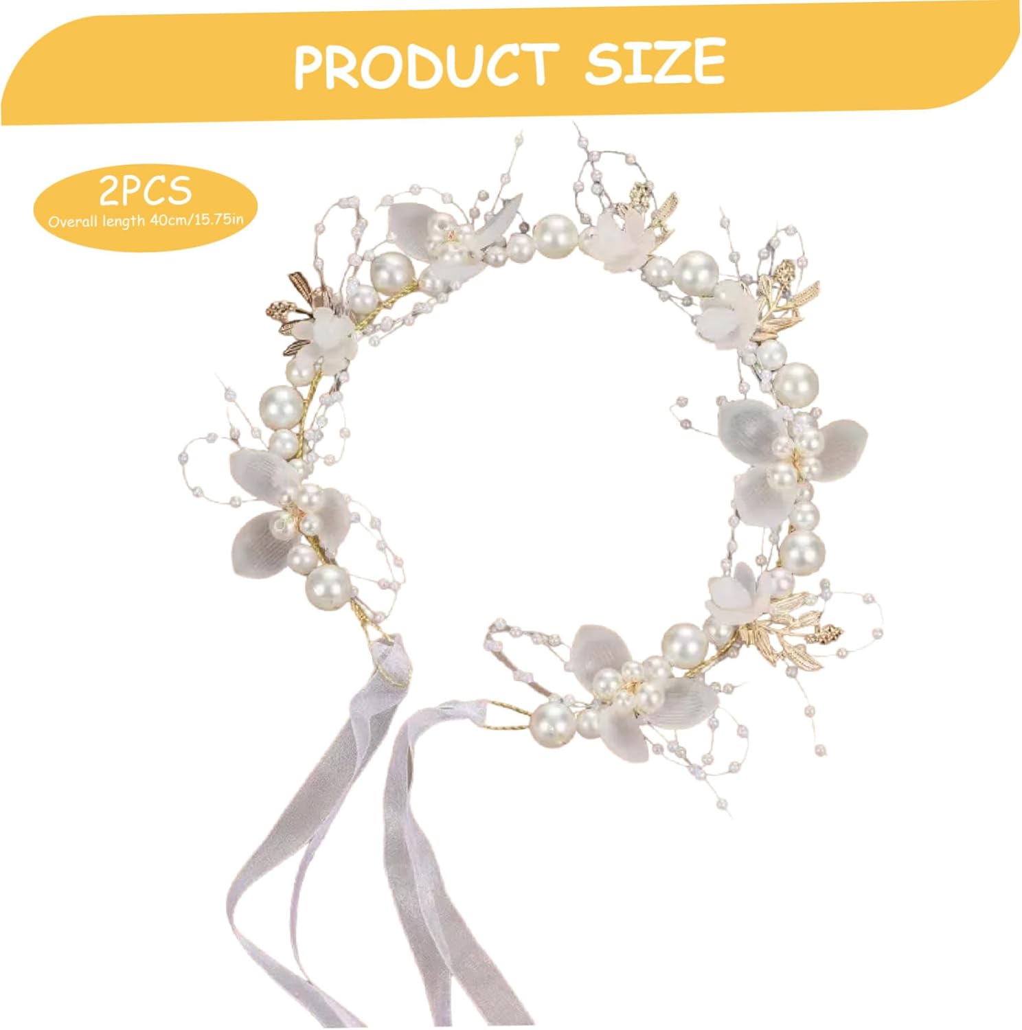 2PCS Flower Girl Headpiece, 15.8 Inch Metal Pearl Headband with Ribbon, Flower Girl Hair Accessory for Birthday, Party, First Communion, Wedding