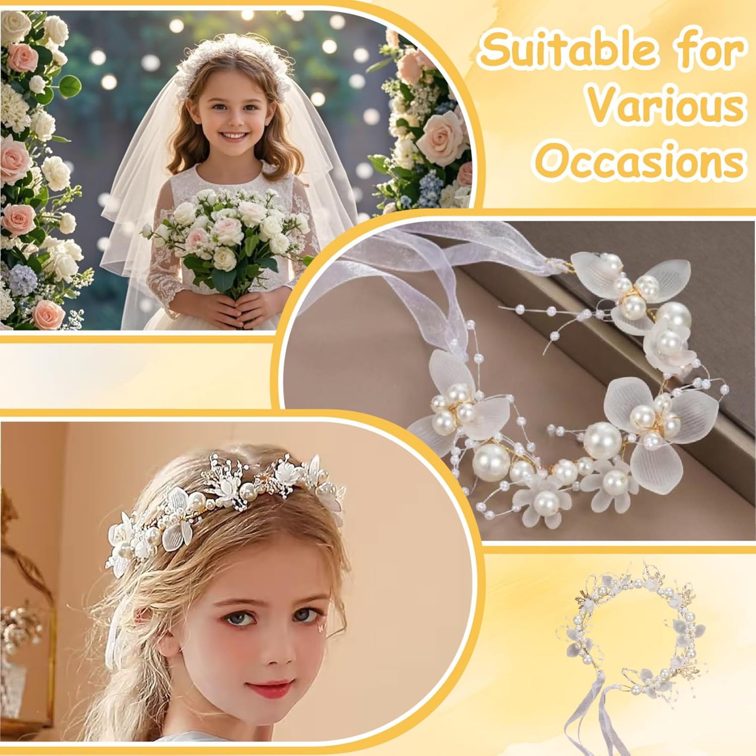 2PCS Flower Girl Headpiece, 15.8 Inch Metal Pearl Headband with Ribbon, Flower Girl Hair Accessory for Birthday, Party, First Communion, Wedding