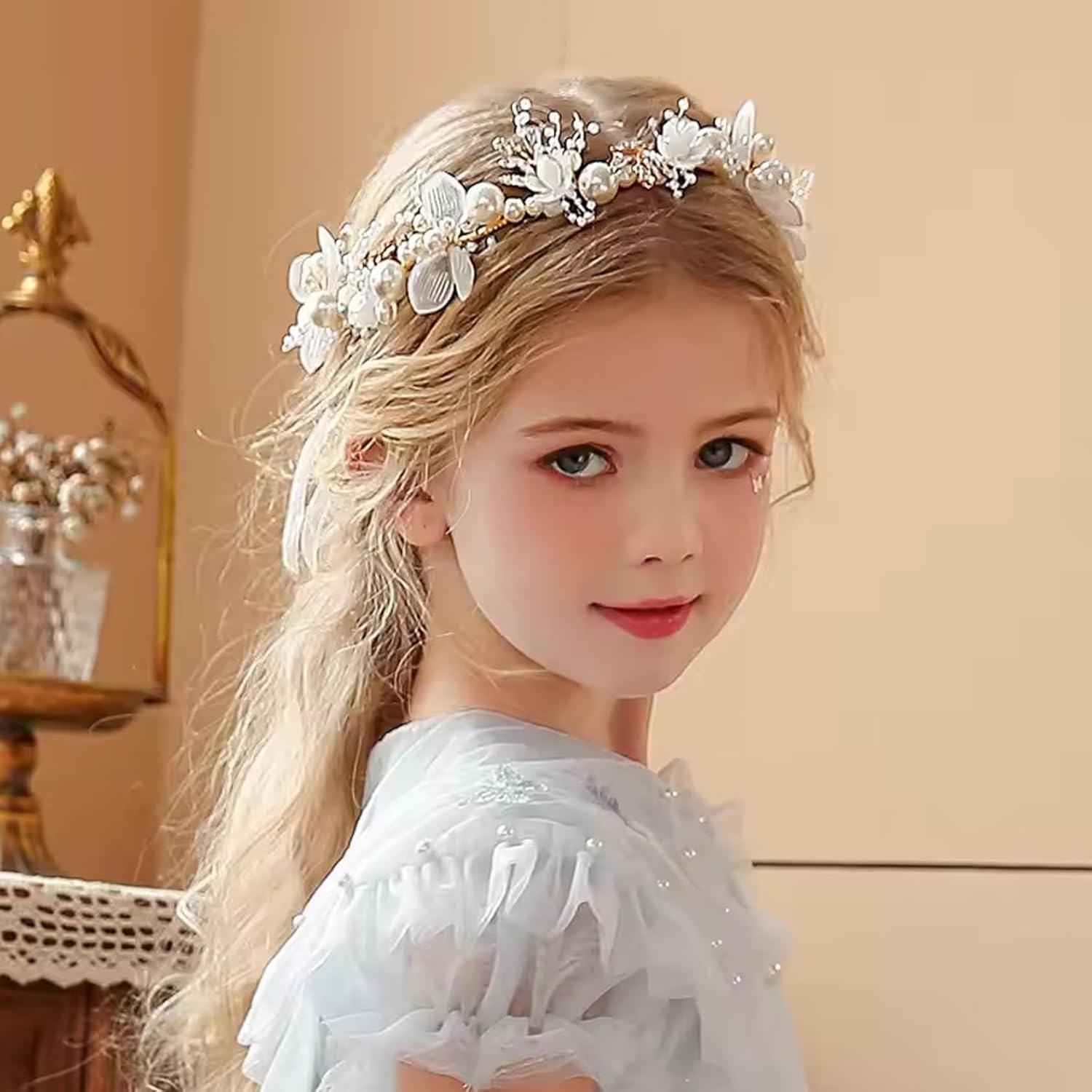 2PCS Flower Girl Headpiece, 15.8 Inch Metal Pearl Headband with Ribbon, Flower Girl Hair Accessory for Birthday, Party, First Communion, Wedding