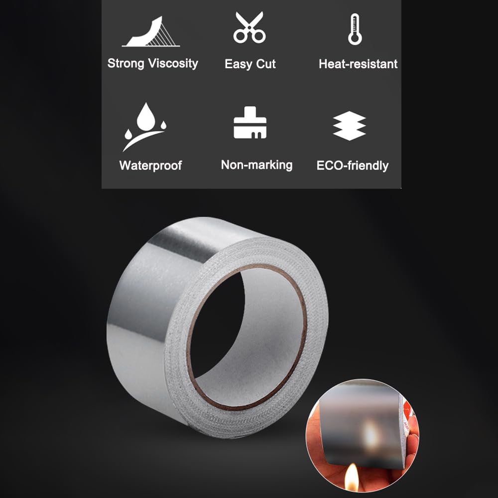 Aluminum Foil Tape, 2 inch x 65 Feet 3.9 mil Duct Tape Heavy Duty Waterproof, Silver Metal Patch & Seal Tape, High Temperature, Insulation Adhesive for Ductwork, Sealing, Sealant, Dryer Vents