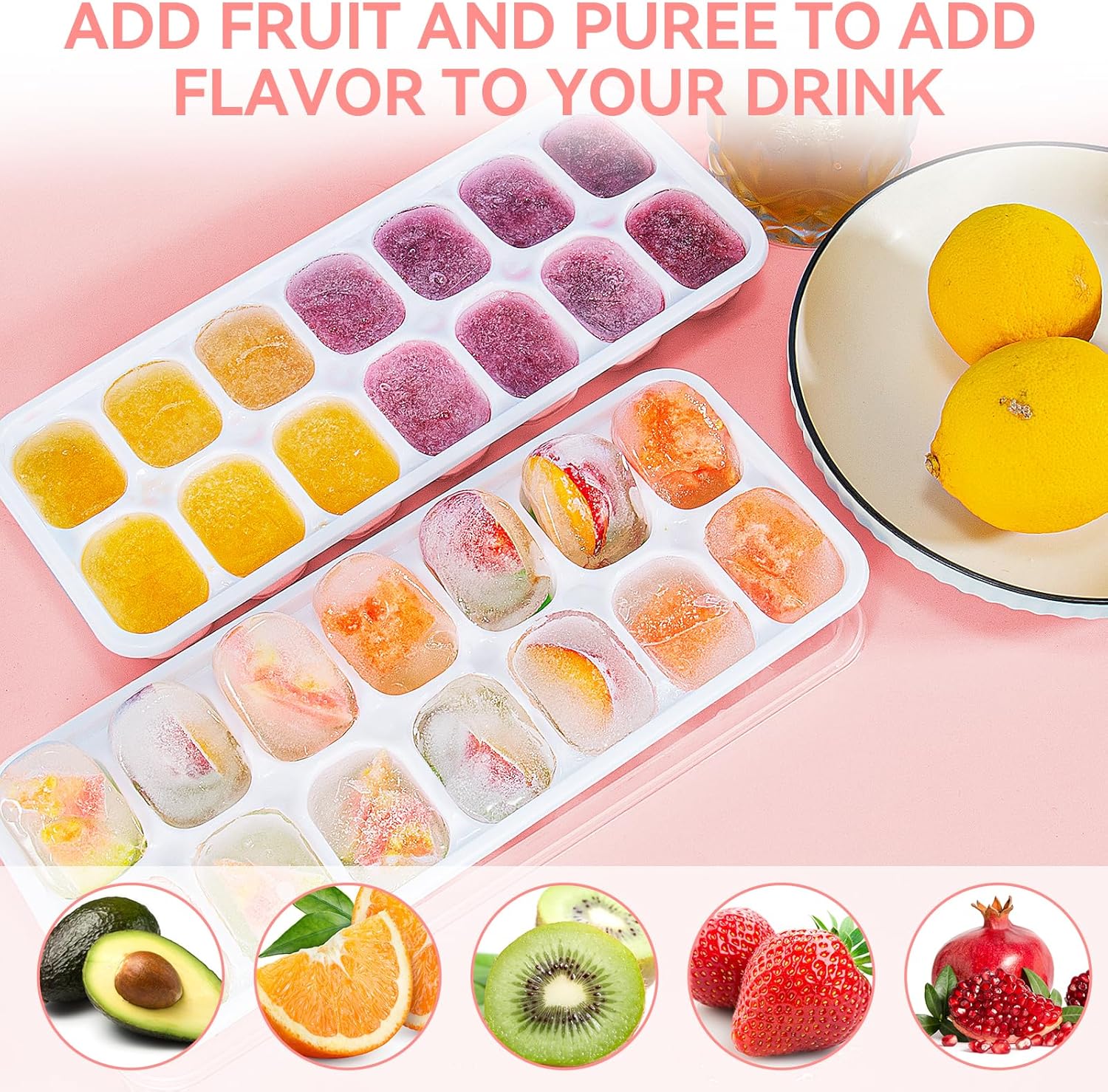 Ice Cube Tray,14 Ice Cube Molds with Lids, 2 Pack Silicone Ice Tray, Stackable Ice Cube Molds for Chilling Drinks, Whiskeys, Cocktails, Easy to Use Pink