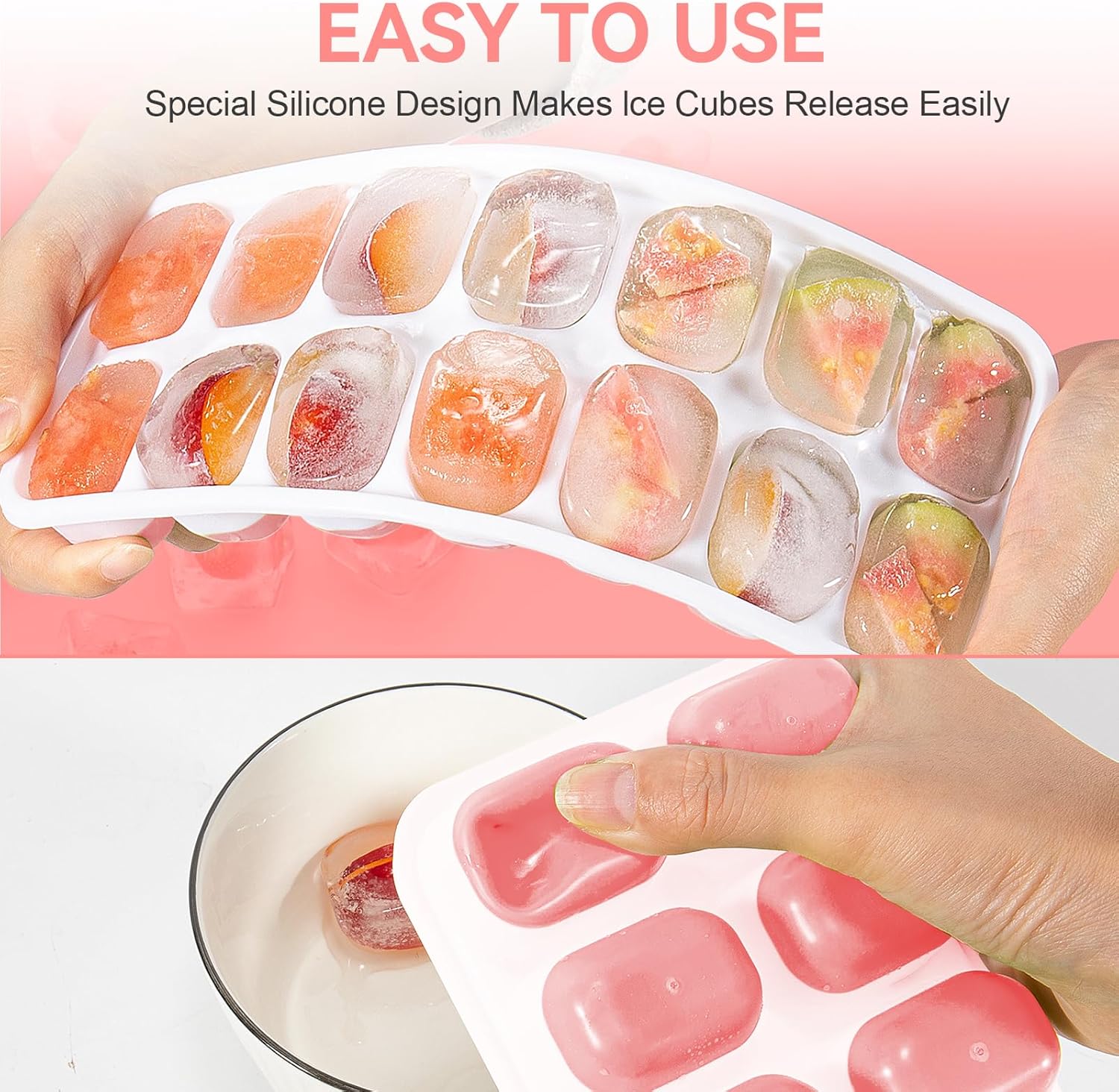 Ice Cube Tray,14 Ice Cube Molds with Lids, 2 Pack Silicone Ice Tray, Stackable Ice Cube Molds for Chilling Drinks, Whiskeys, Cocktails, Easy to Use Pink