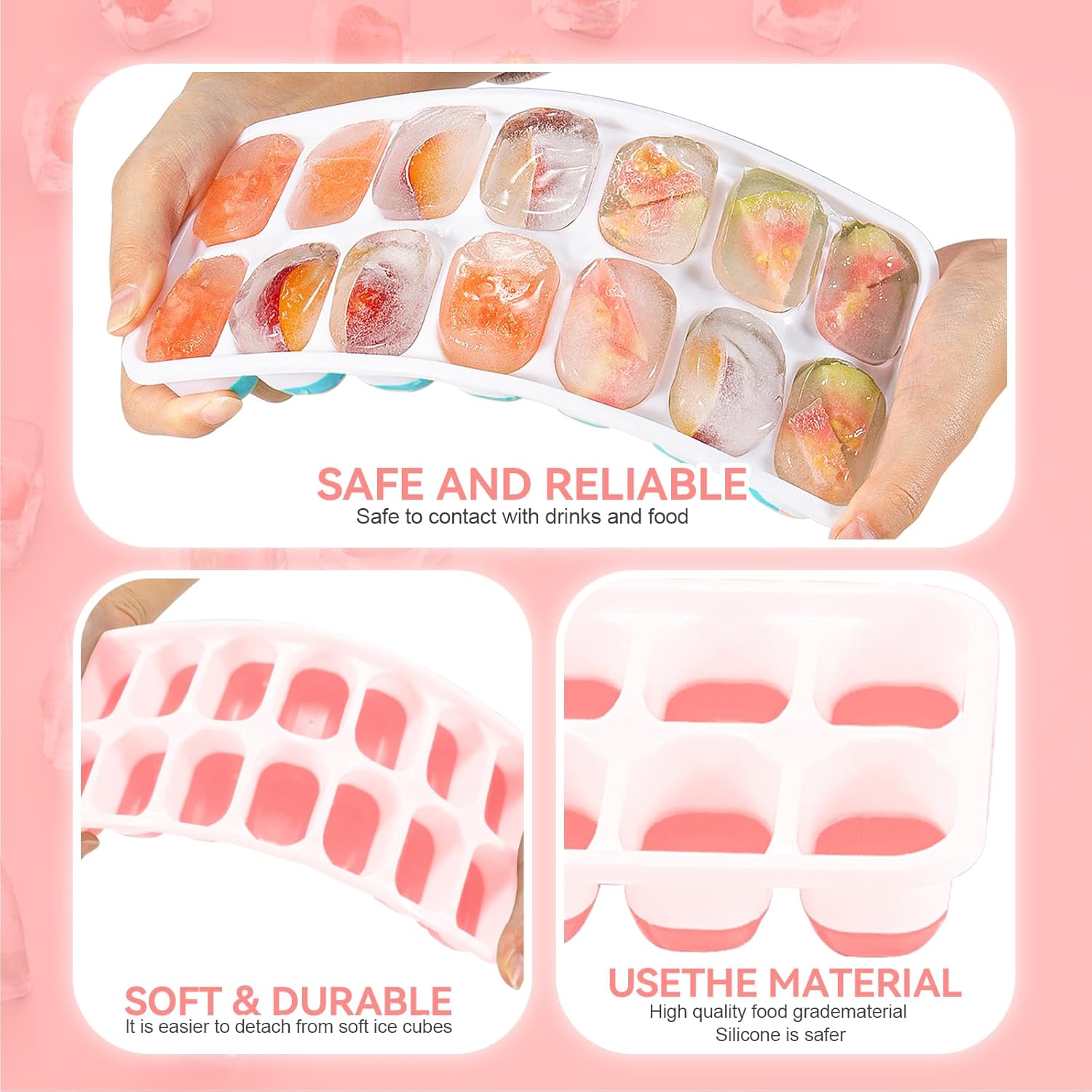 Ice Cube Tray,14 Ice Cube Molds with Lids, 2 Pack Silicone Ice Tray, Stackable Ice Cube Molds for Chilling Drinks, Whiskeys, Cocktails, Easy to Use Pink