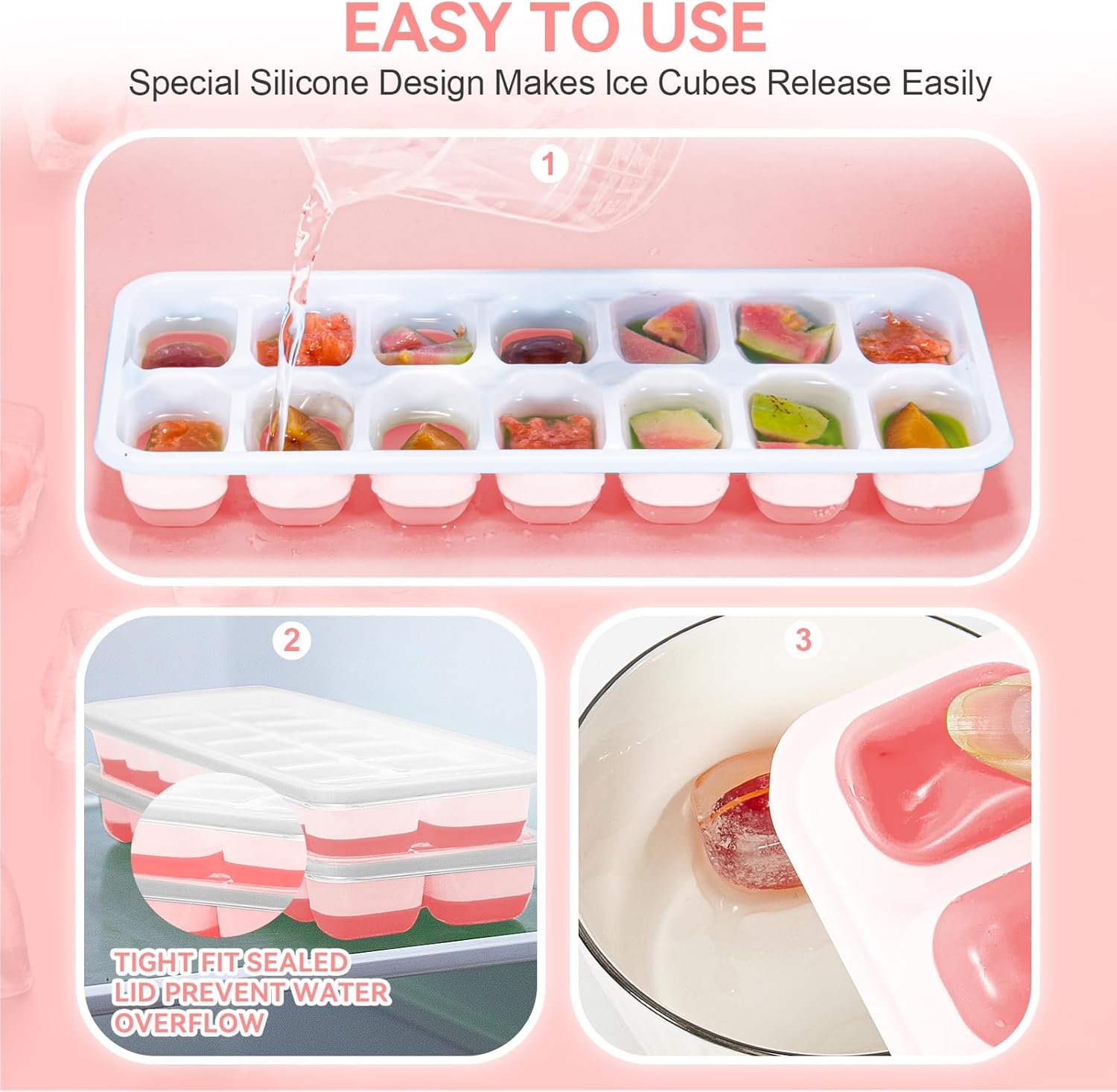 Ice Cube Tray,14 Ice Cube Molds with Lids, 2 Pack Silicone Ice Tray, Stackable Ice Cube Molds for Chilling Drinks, Whiskeys, Cocktails, Easy to Use Pink