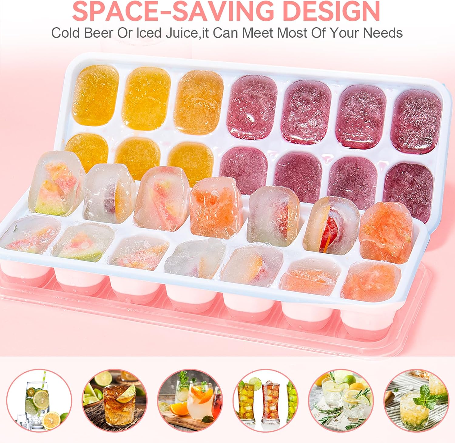 Ice Cube Tray,14 Ice Cube Molds with Lids, 2 Pack Silicone Ice Tray, Stackable Ice Cube Molds for Chilling Drinks, Whiskeys, Cocktails, Easy to Use Pink