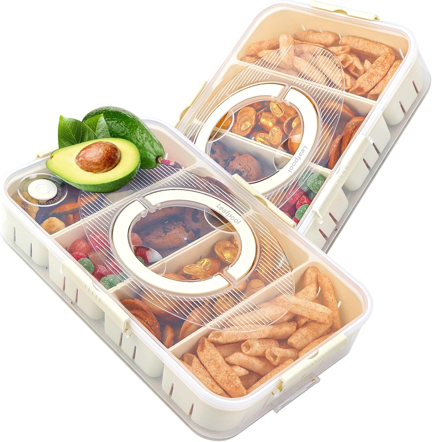 Snack Box Container,Dishwasher Safe Fruit Snack Containers,2 Pack Divided Serving Tray with Lid for Veggie Candy Snackle Charcuterie Plastic Boxes for Travel and Picnic 4 Compartments