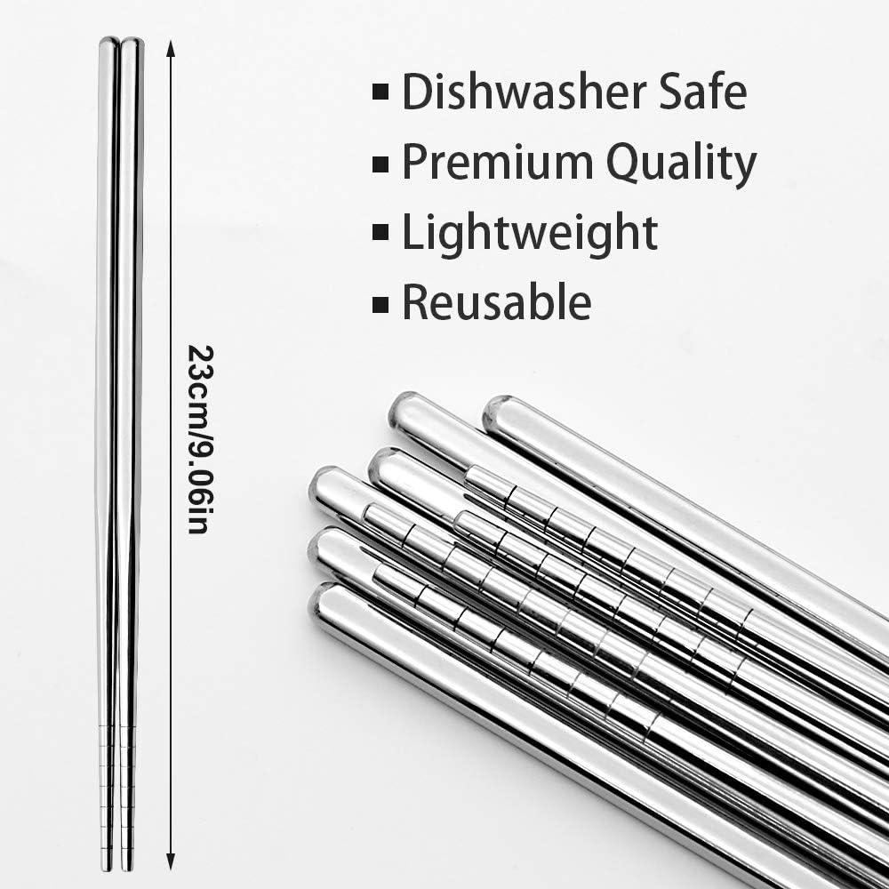 Stainless Steel Chopsticks Reusable Multicolor Lightweight 304 Metal Chopsticks Dishwasher Safe - 5 Pairs Silver