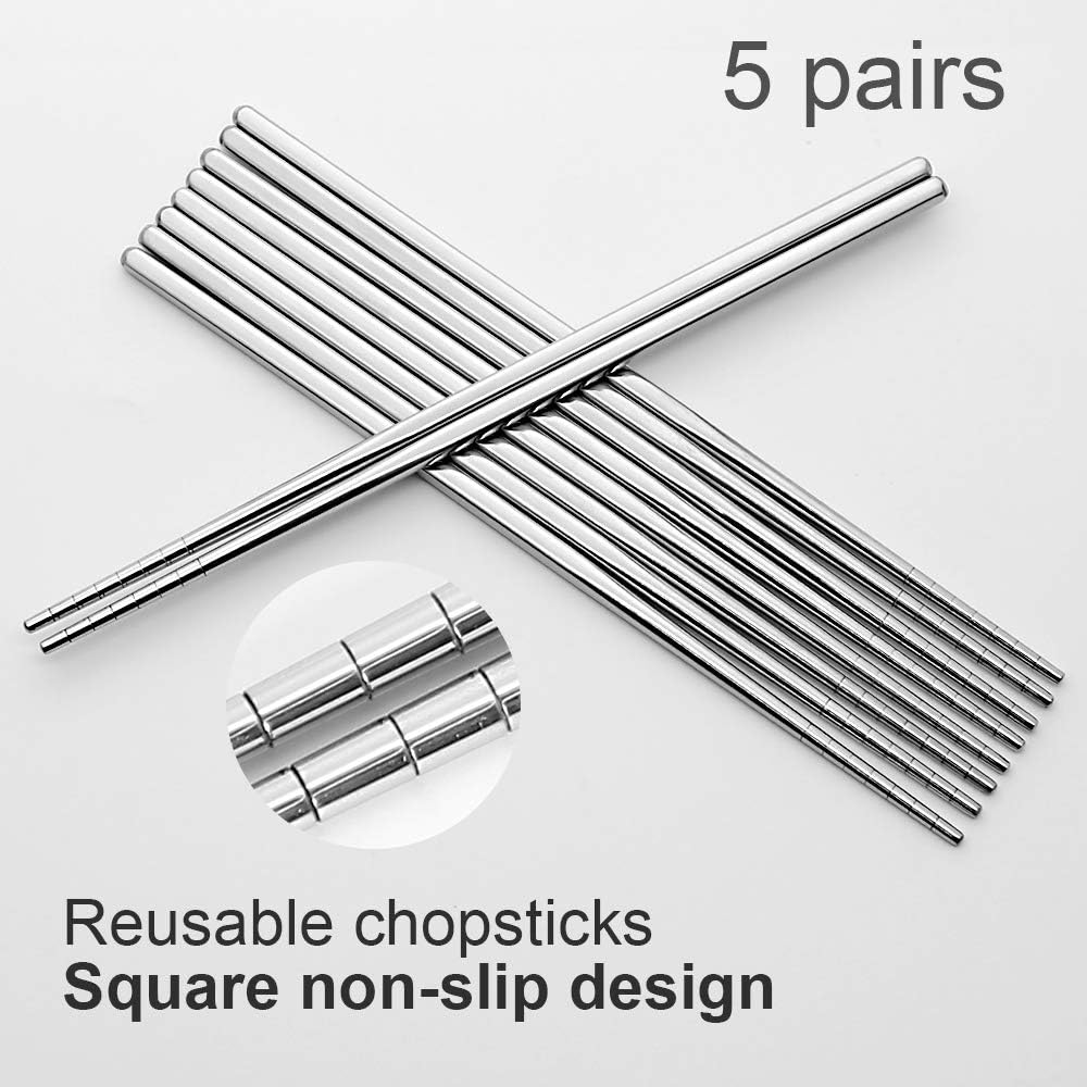 Stainless Steel Chopsticks Reusable Multicolor Lightweight 304 Metal Chopsticks Dishwasher Safe - 5 Pairs Silver