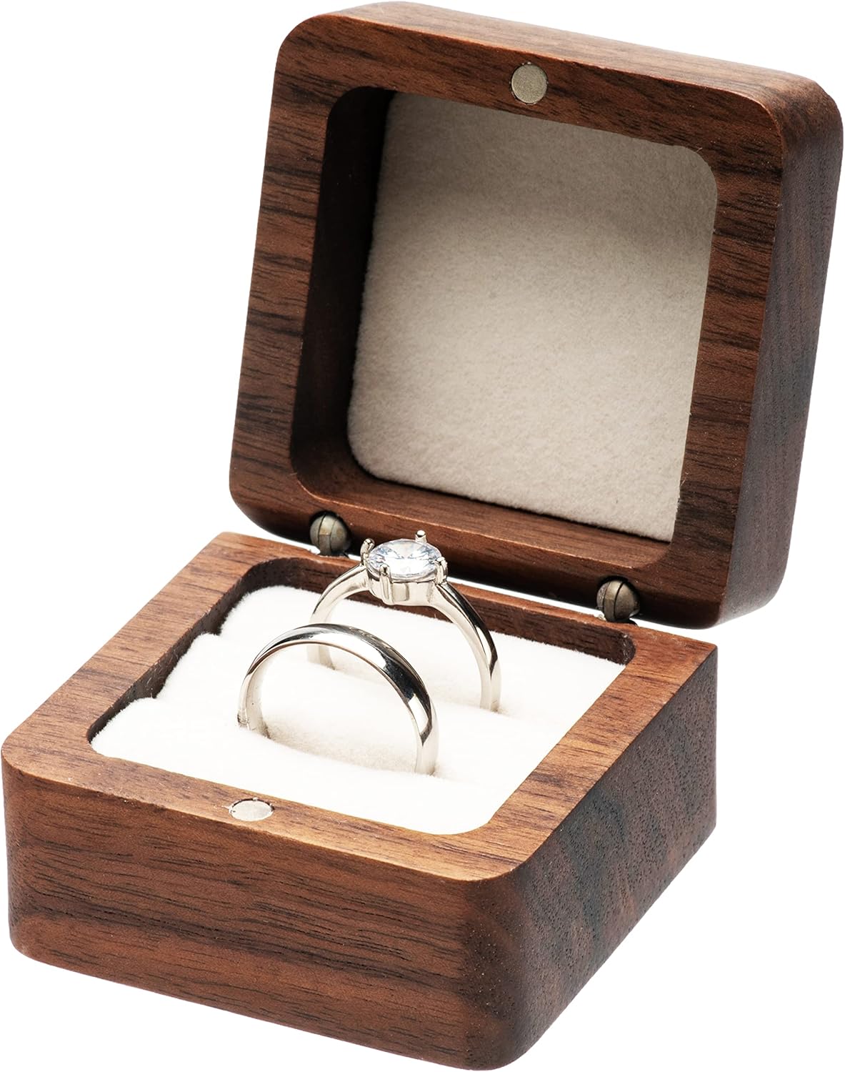 Square Solid Wood Double Ring Box Case for Wedding Ceremony Engagement Proposal,Wooden Ring Holder for 2 Rings Beige Inner