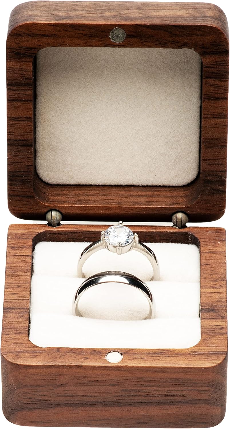 Square Solid Wood Double Ring Box Case for Wedding Ceremony Engagement Proposal,Wooden Ring Holder for 2 Rings Beige Inner