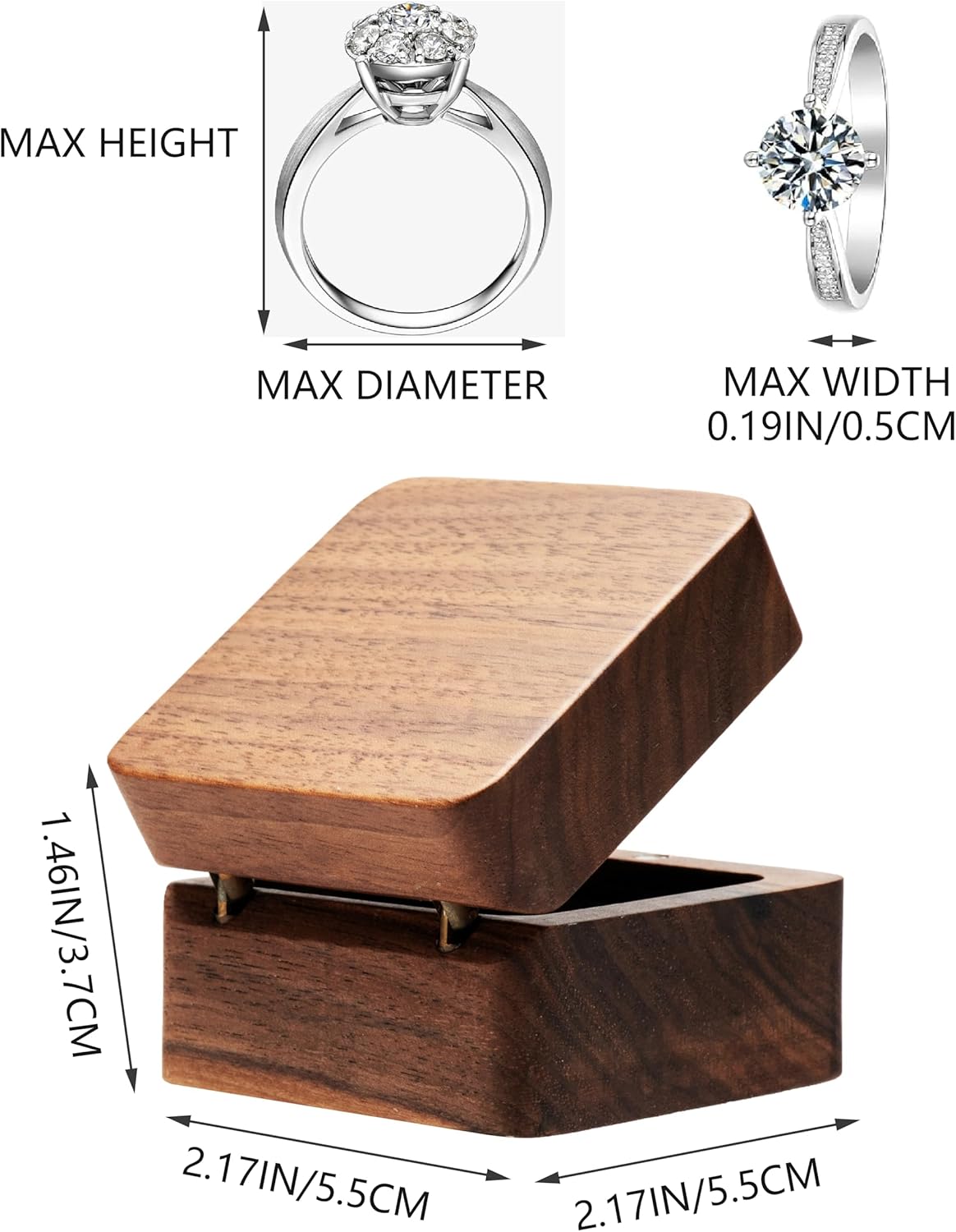 Square Solid Wood Double Ring Box Case for Wedding Ceremony Engagement Proposal,Wooden Ring Holder for 2 Rings Beige Inner