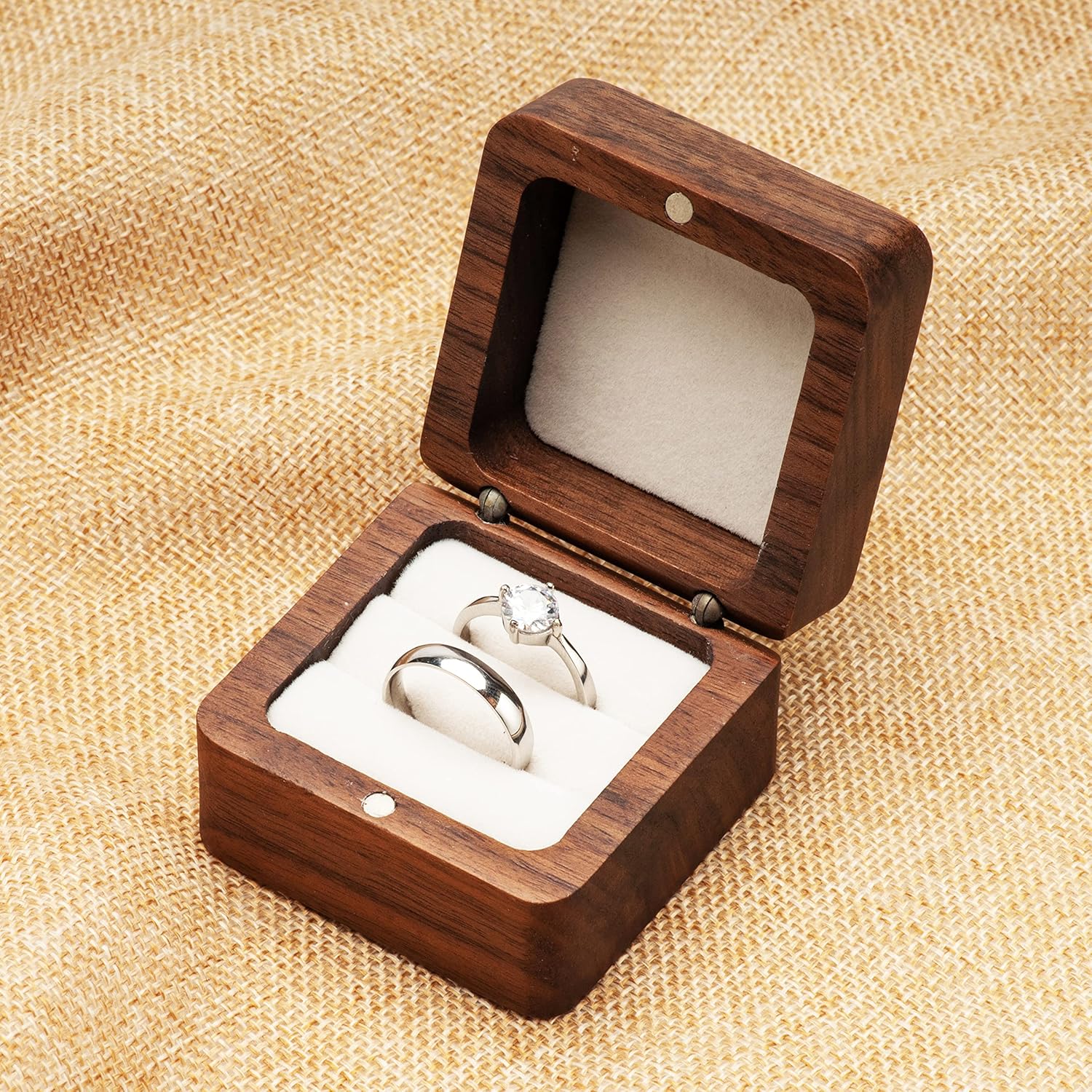 Square Solid Wood Double Ring Box Case for Wedding Ceremony Engagement Proposal,Wooden Ring Holder for 2 Rings Beige Inner