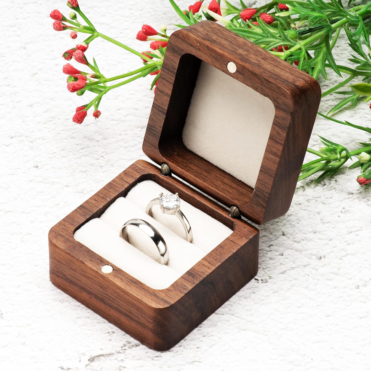 Square Solid Wood Double Ring Box Case for Wedding Ceremony Engagement Proposal,Wooden Ring Holder for 2 Rings Beige Inner